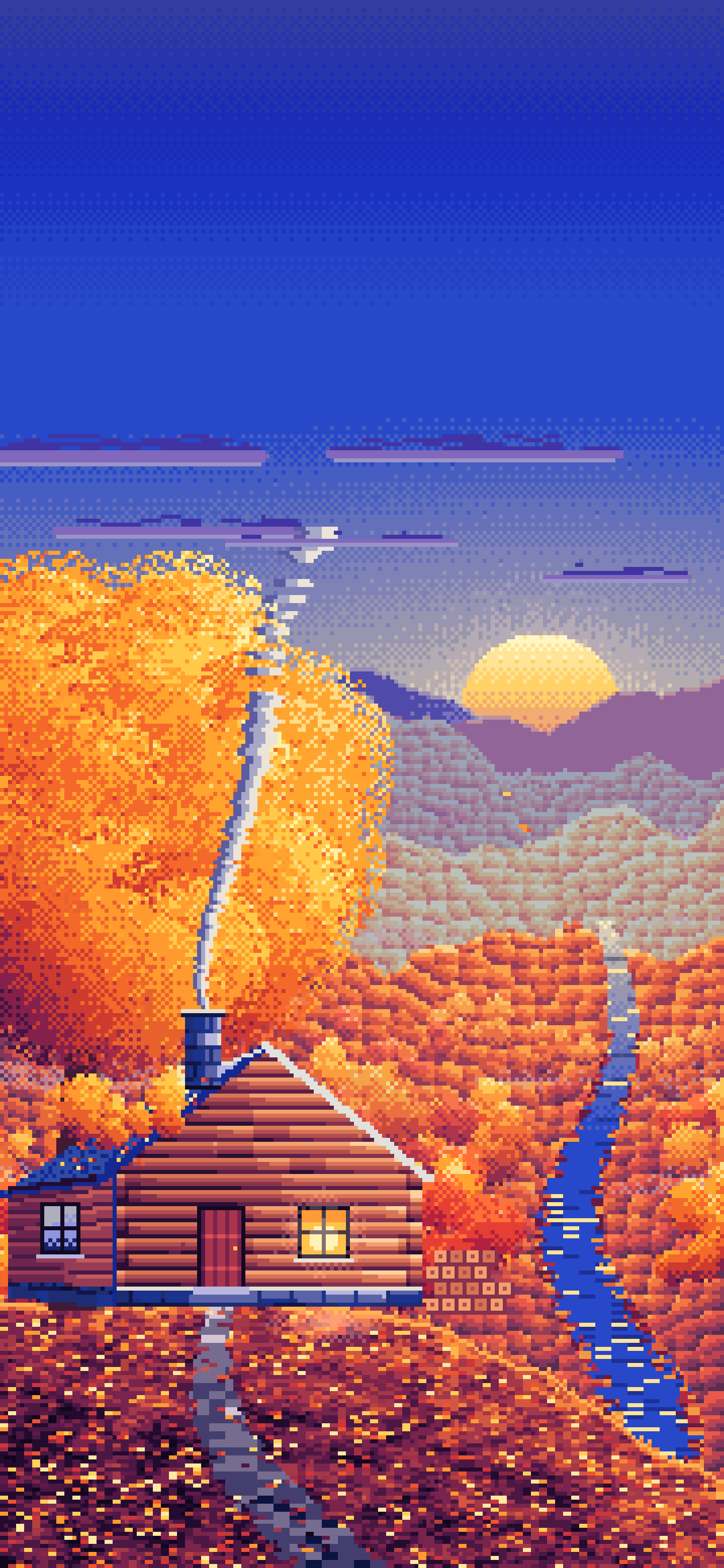 Royal Blue Pixel Art Fall Log Cabin above a Valley wallpaper for iPhone and Android