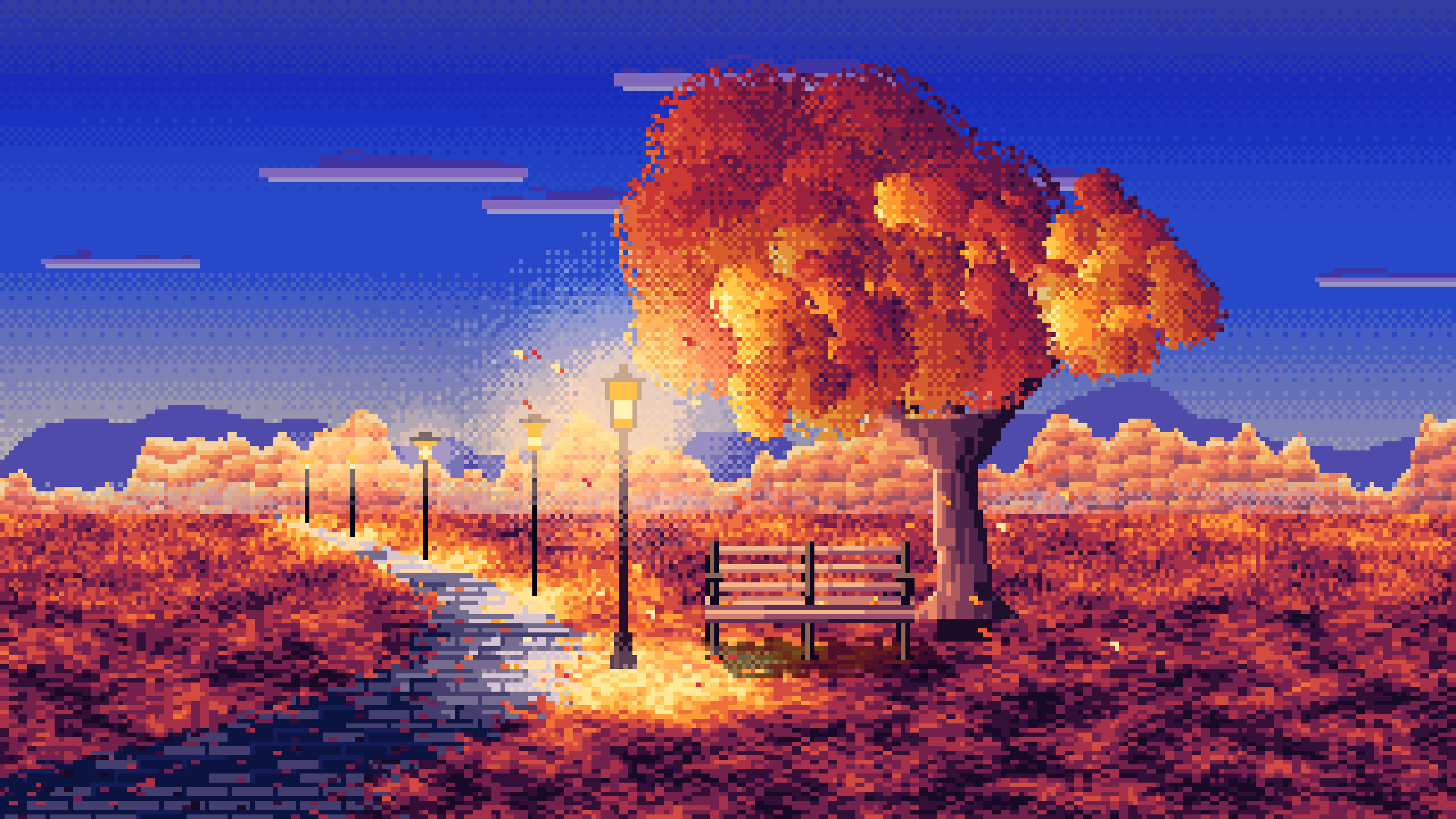 Royal Blue Pixel Art Fall Park Bench desktop wallpaper in 4K