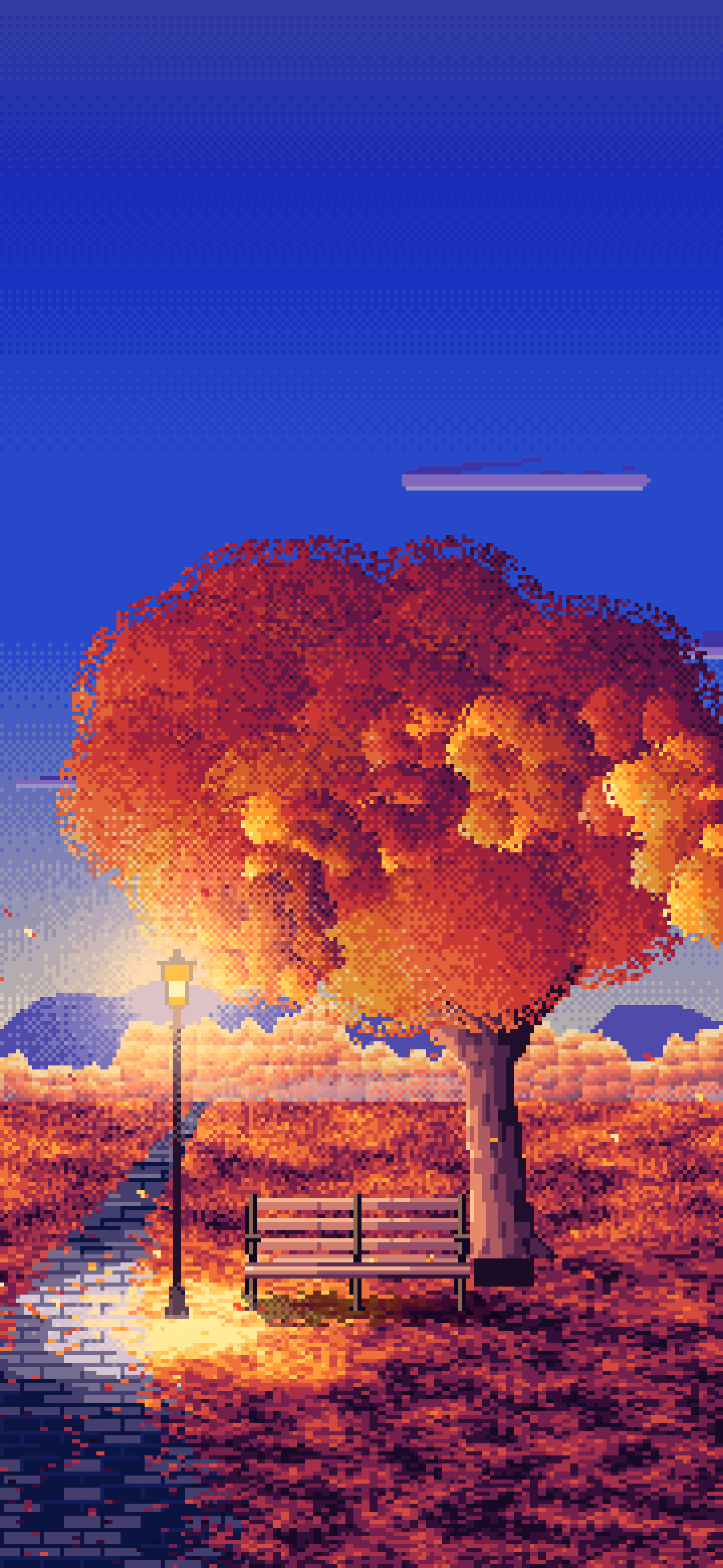 Royal Blue Pixel Art Fall Park Bench wallpaper for iPhone and Android