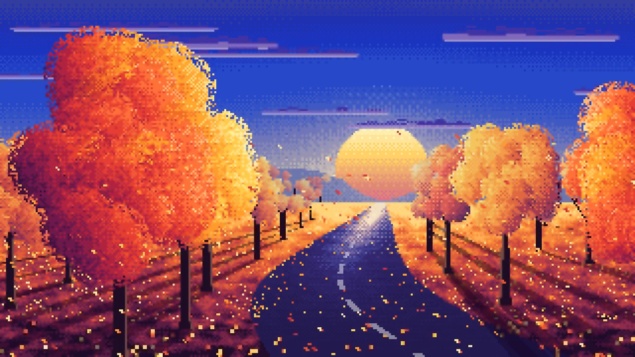 Royal Blue Pixel Art Fall Road at Sunset desktop wallpaper in 4K