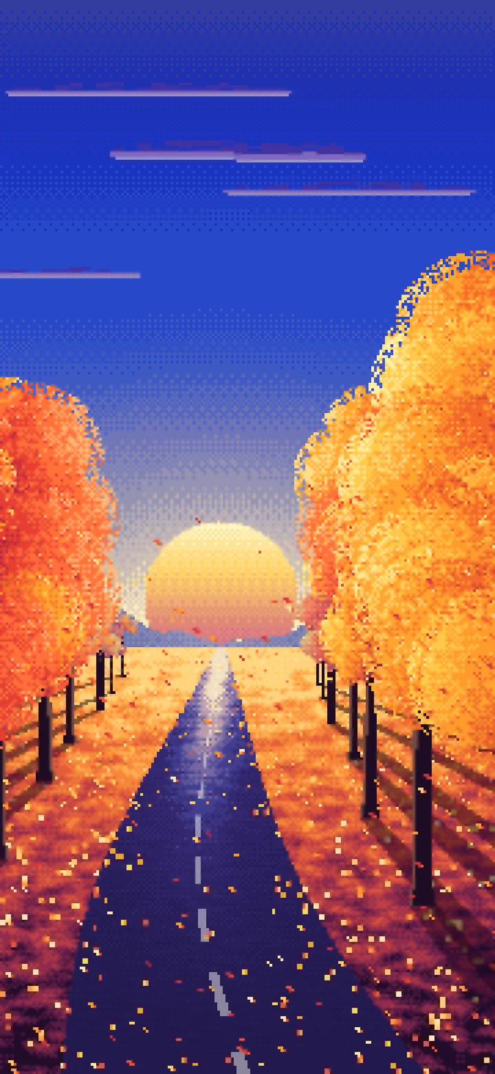 Royal Blue Pixel Art Fall Road at Sunset wallpaper for iPhone and Android