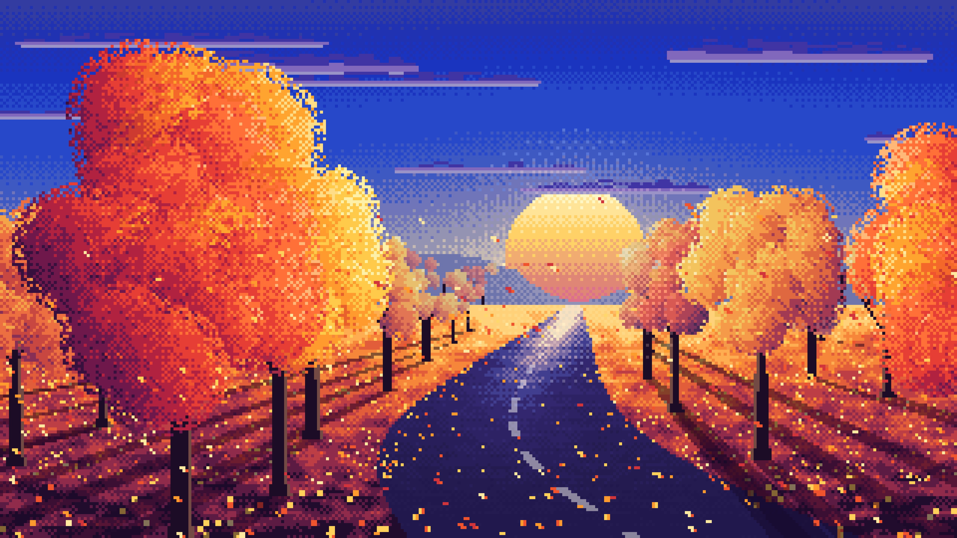 Royal Blue Pixel Art Fall Road at Sunset desktop wallpaper in 4K