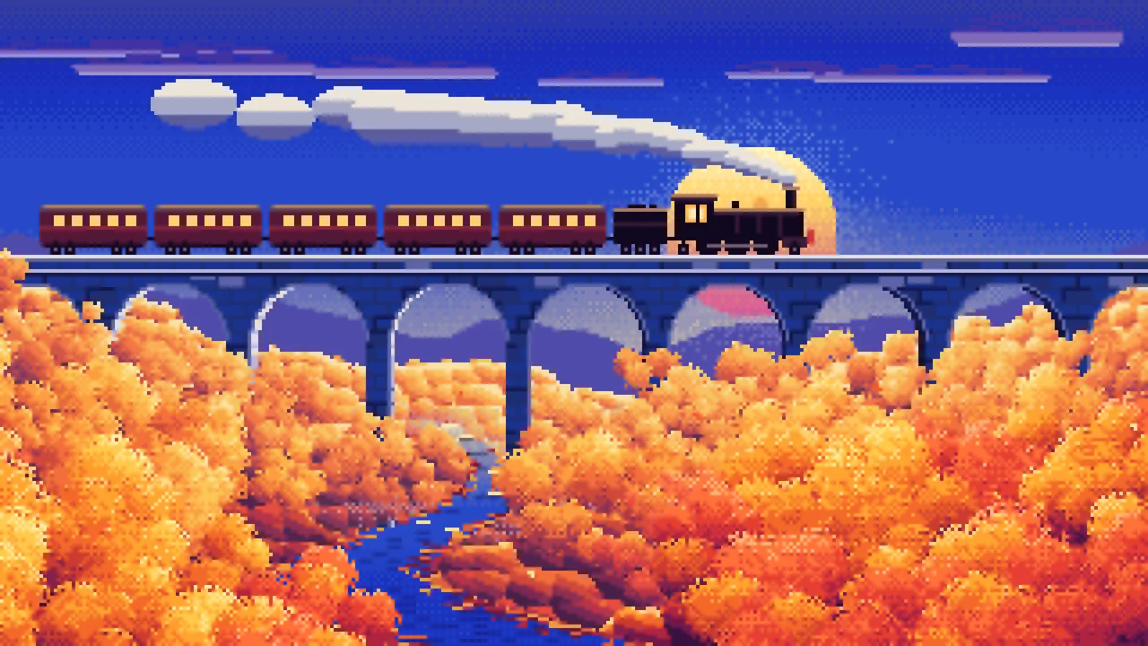 Royal Blue Pixel Art Fall Steam Train on a Viaduct desktop wallpaper in 4K