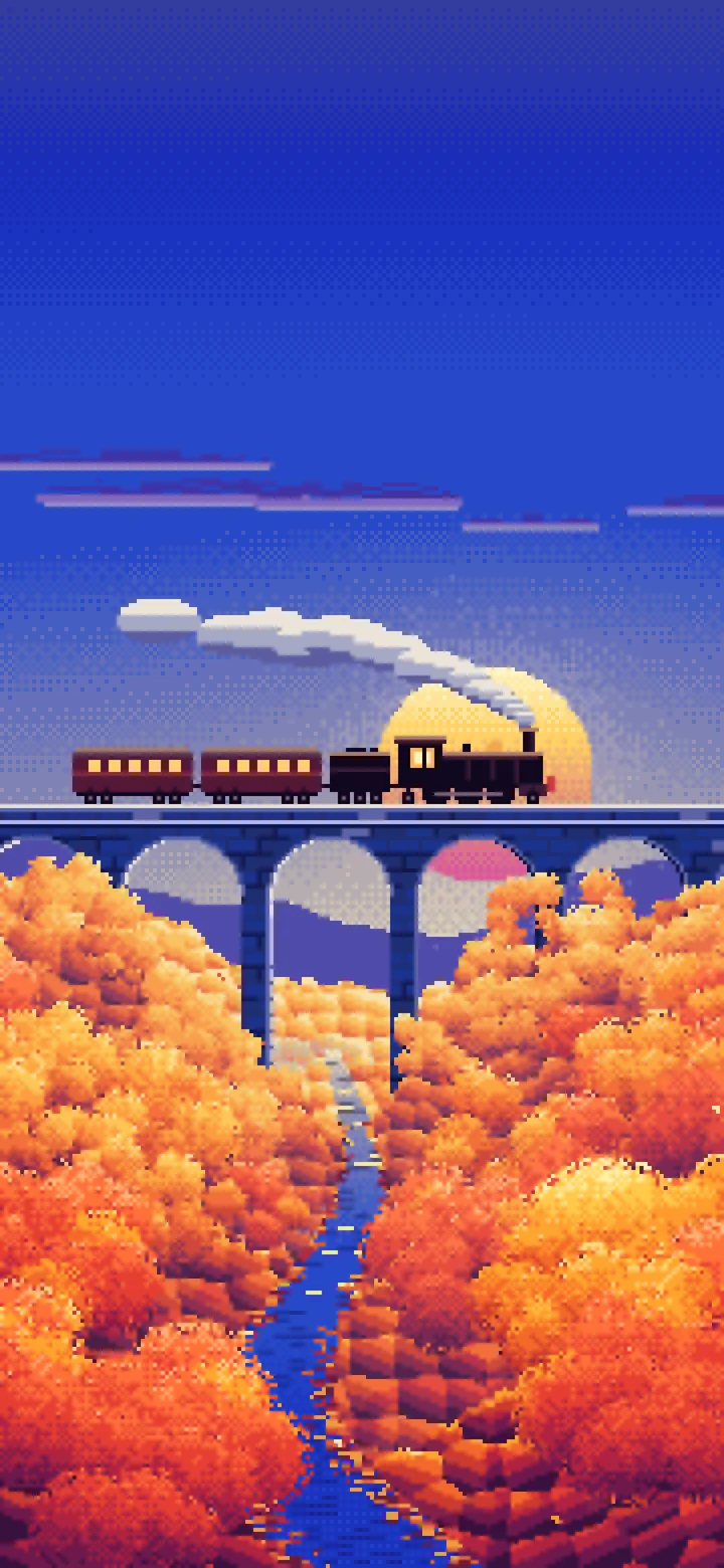 Royal Blue Pixel Art Fall Steam Train on a Viaduct wallpaper for iPhone and Android