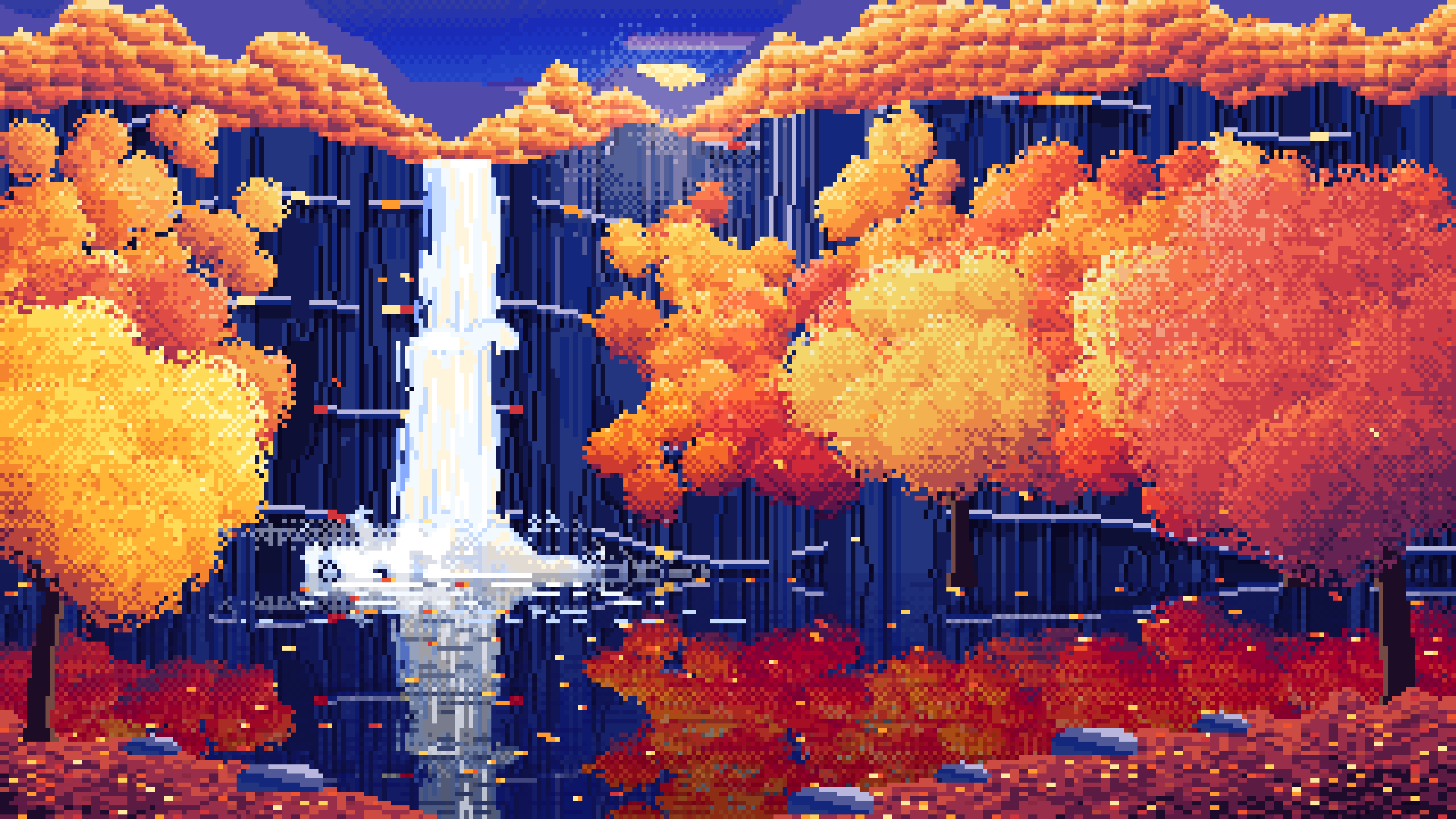Royal Blue Pixel Art Fall Waterfall desktop wallpaper in 4K