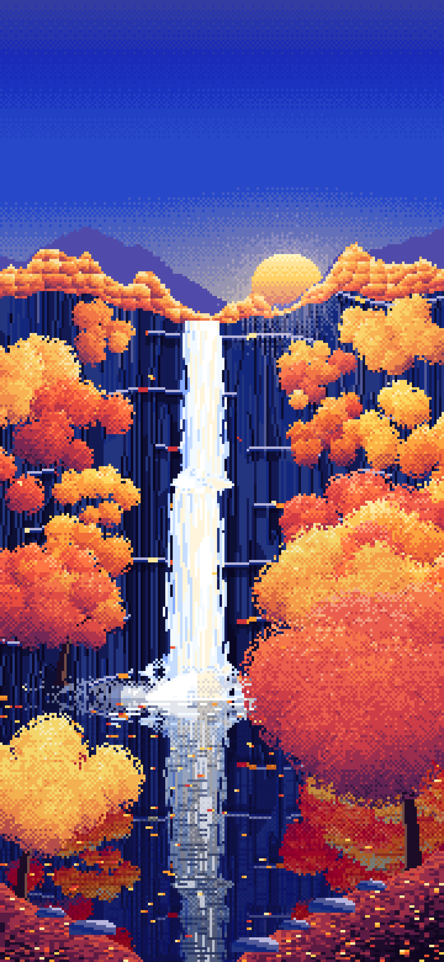 Royal Blue Pixel Art Fall Waterfall wallpaper for iPhone and Android