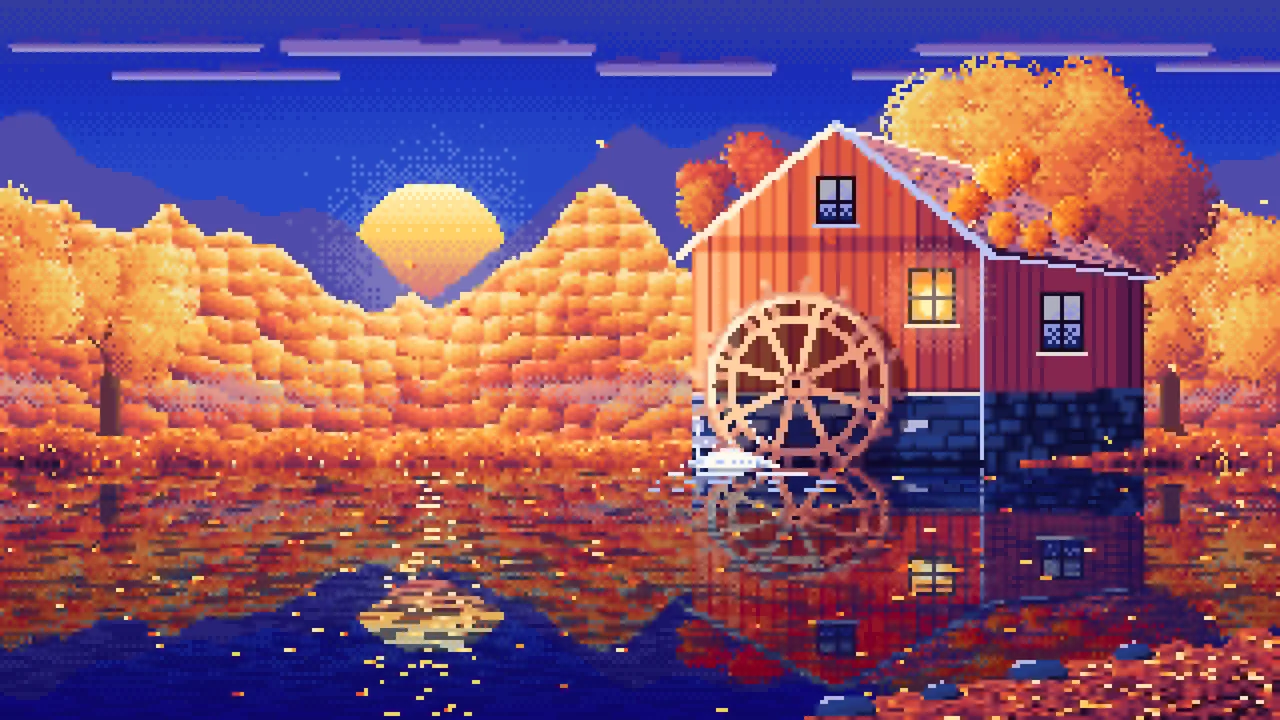 Royal Blue Pixel Art Fall Watermill by a Stream desktop wallpaper in 4K