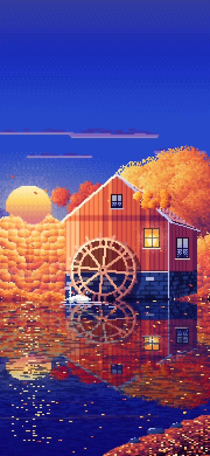 Royal Blue Pixel Art Fall Watermill by a Stream wallpaper for iPhone and Android