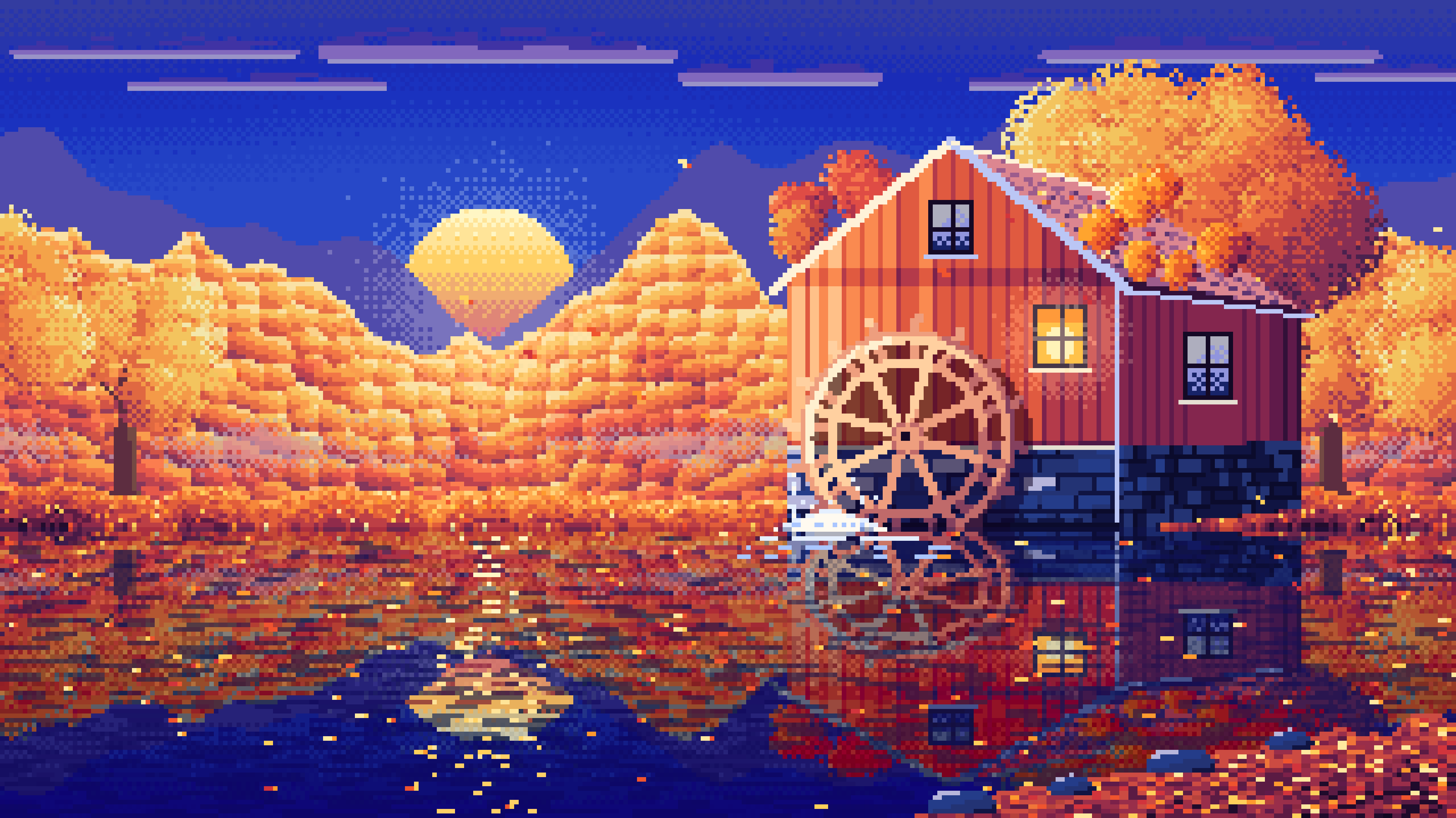 Royal Blue Pixel Art Fall Watermill by a Stream desktop wallpaper in 4K