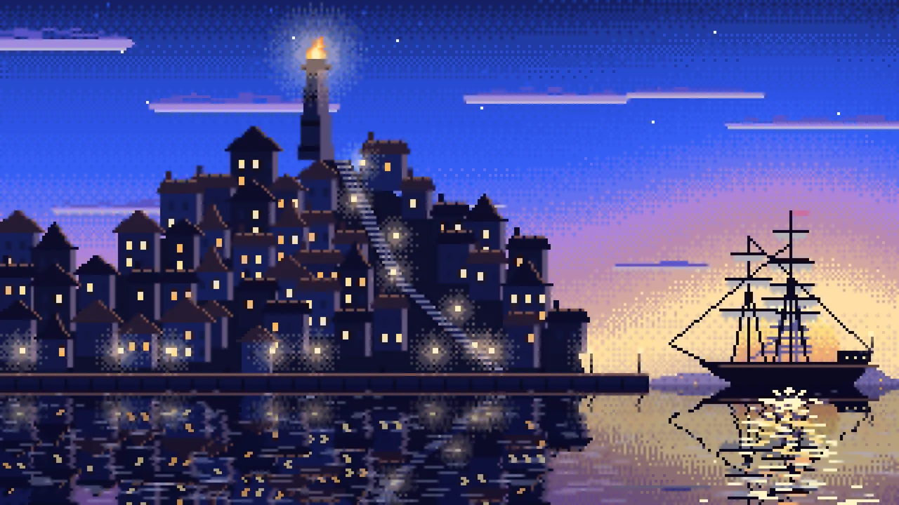 Royal Blue Pixel Art Fantasy Harbor Town at Dusk desktop wallpaper in 4K
