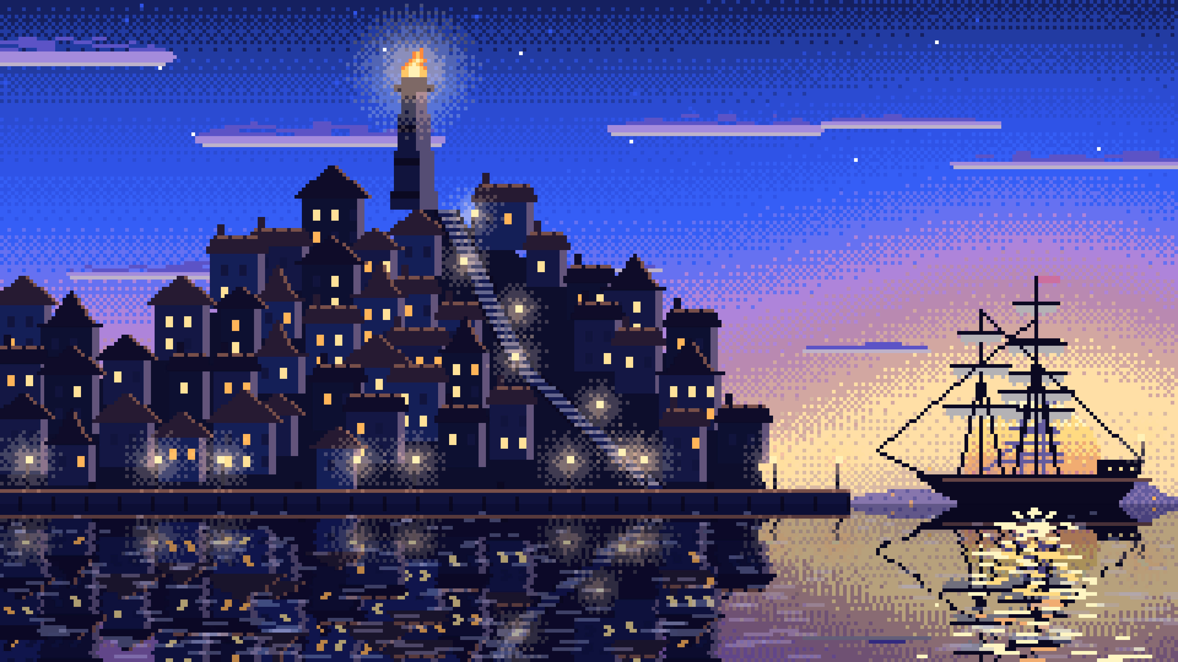 Royal Blue Pixel Art Fantasy Harbor Town at Dusk desktop wallpaper in 4K