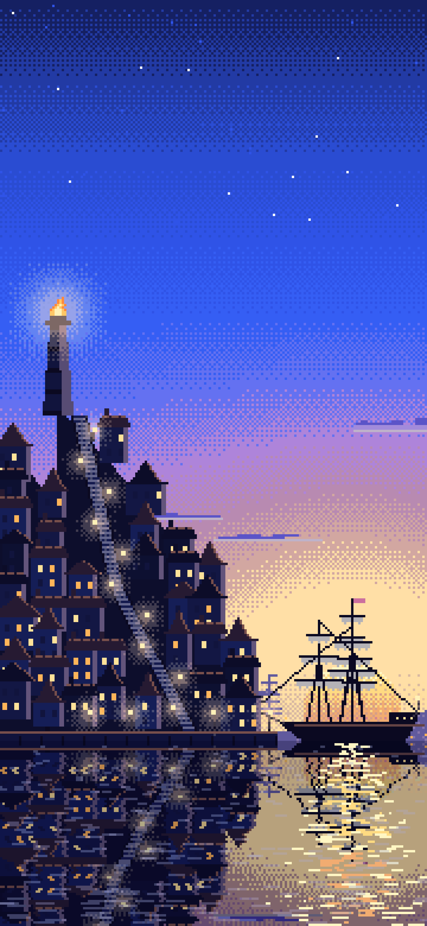 Royal Blue Pixel Art Fantasy Harbor Town at Dusk wallpaper for iPhone and Android