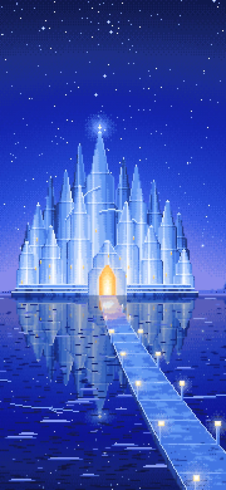 Royal Blue Pixel Art Fantasy Ice Palace wallpaper for iPhone and Android