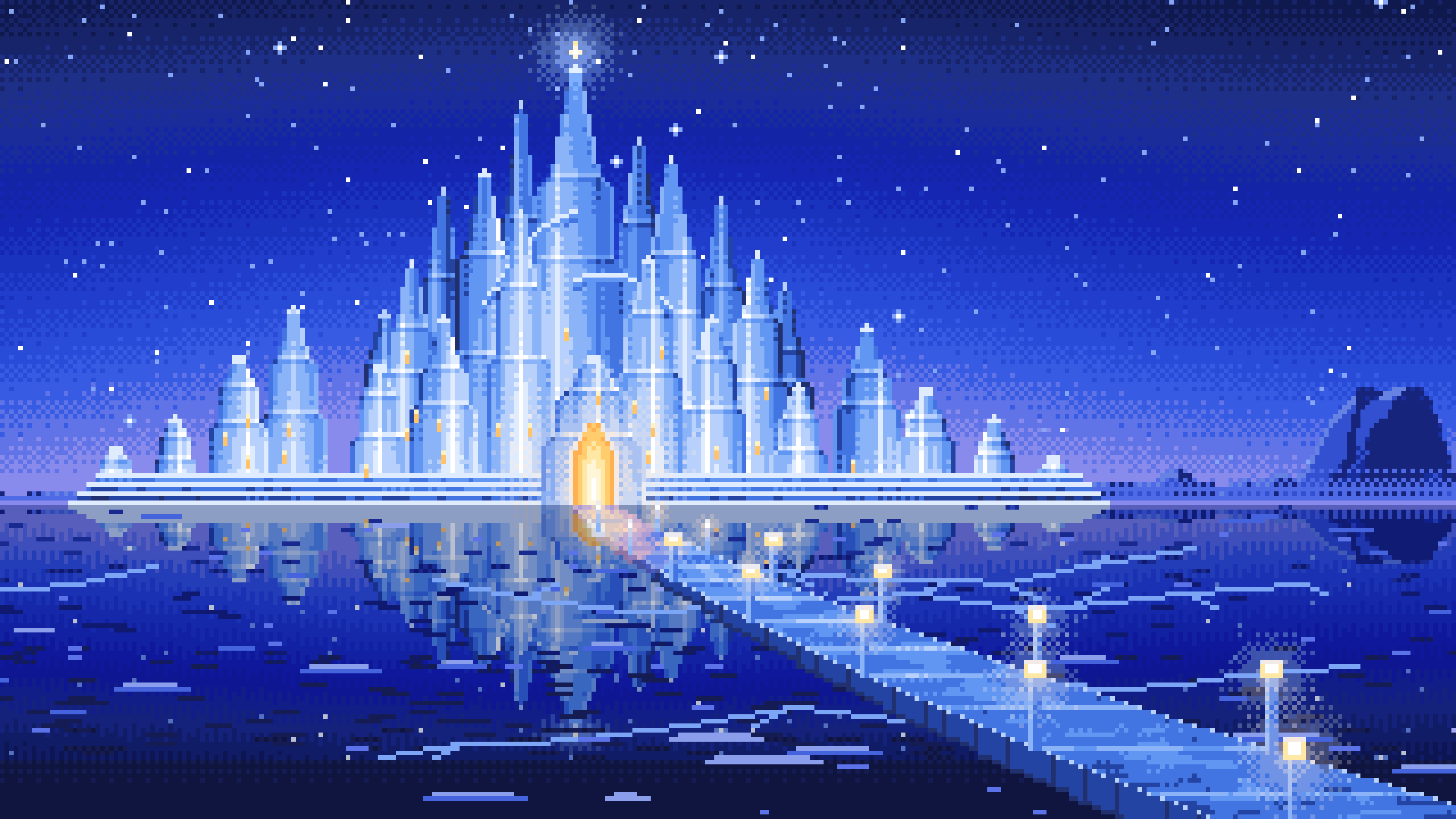 Royal Blue Pixel Art Fantasy Ice Palace desktop wallpaper in 4K