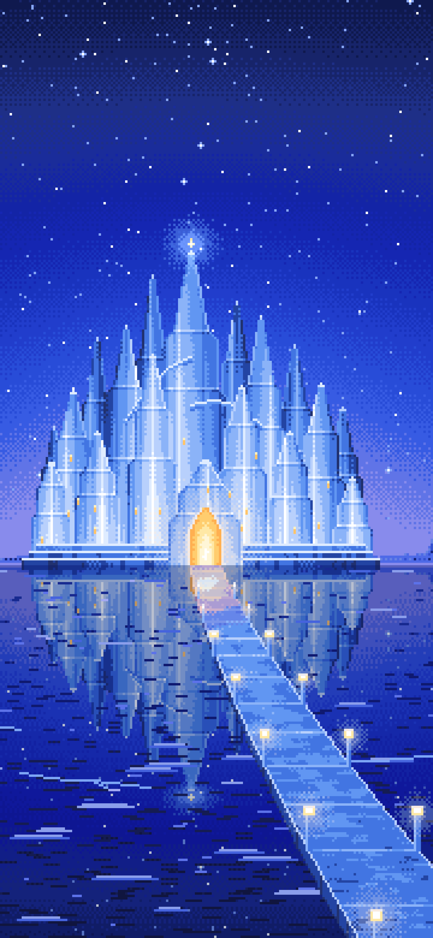 Royal Blue Pixel Art Fantasy Ice Palace wallpaper for iPhone and Android