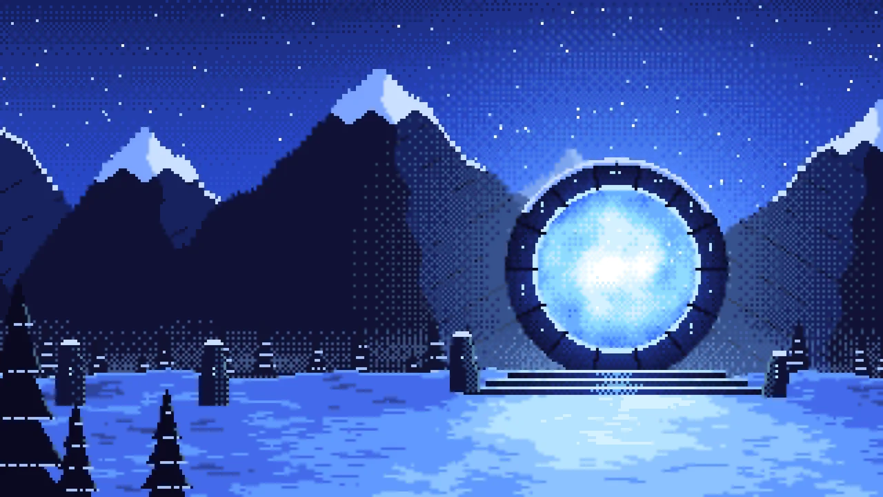 Royal Blue Pixel Art Fantasy Portal in a Snowy Pass desktop wallpaper in 4K