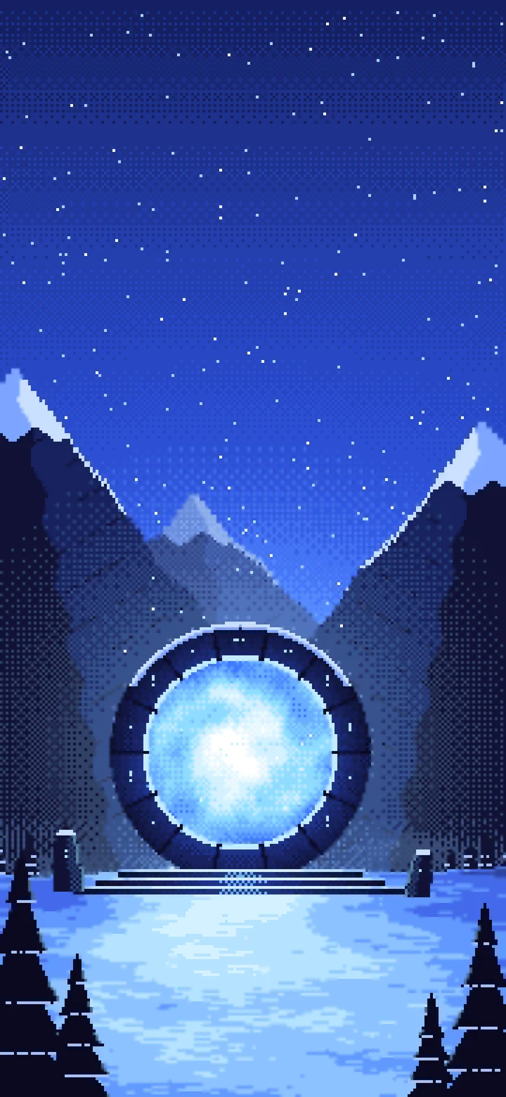 Royal Blue Pixel Art Fantasy Portal in a Snowy Pass wallpaper for iPhone and Android