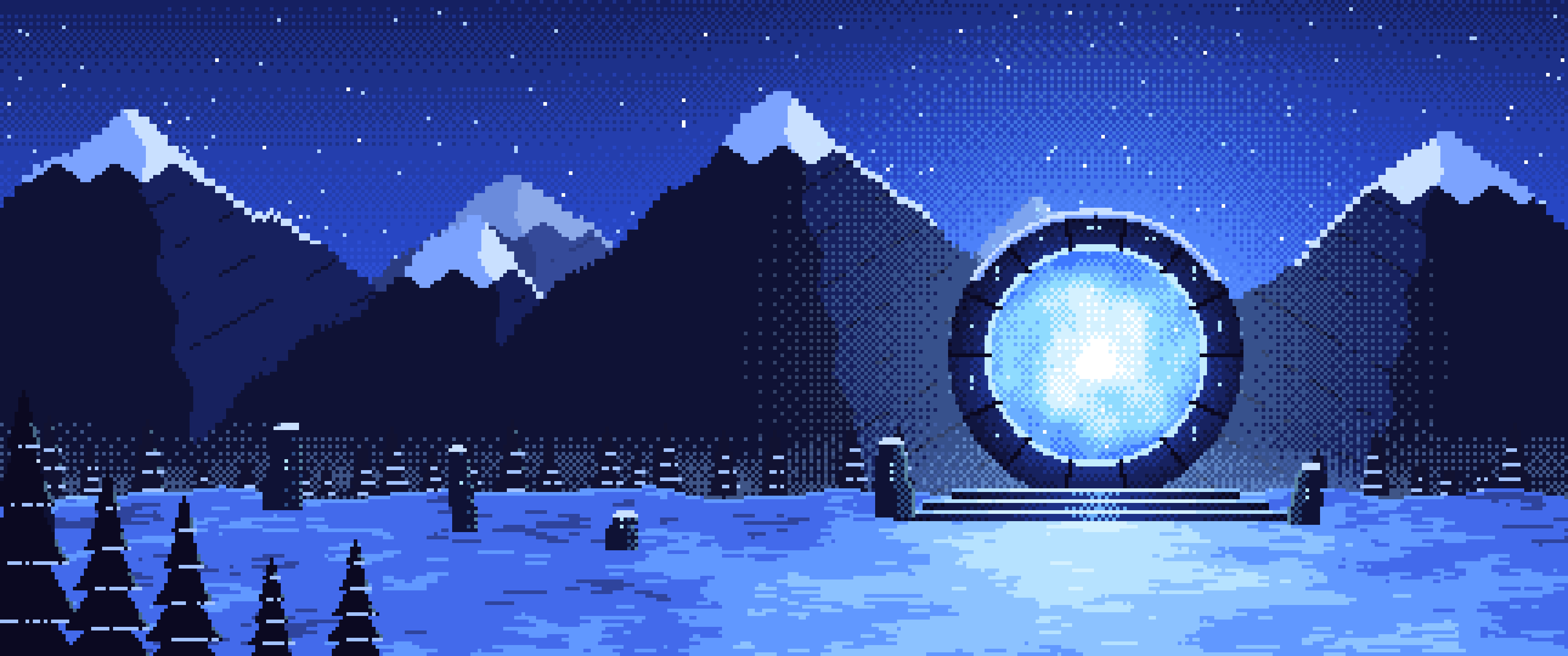Royal Blue Pixel Art Fantasy Portal in a Snowy Pass ultrawide wallpaper, 3440 × 1440