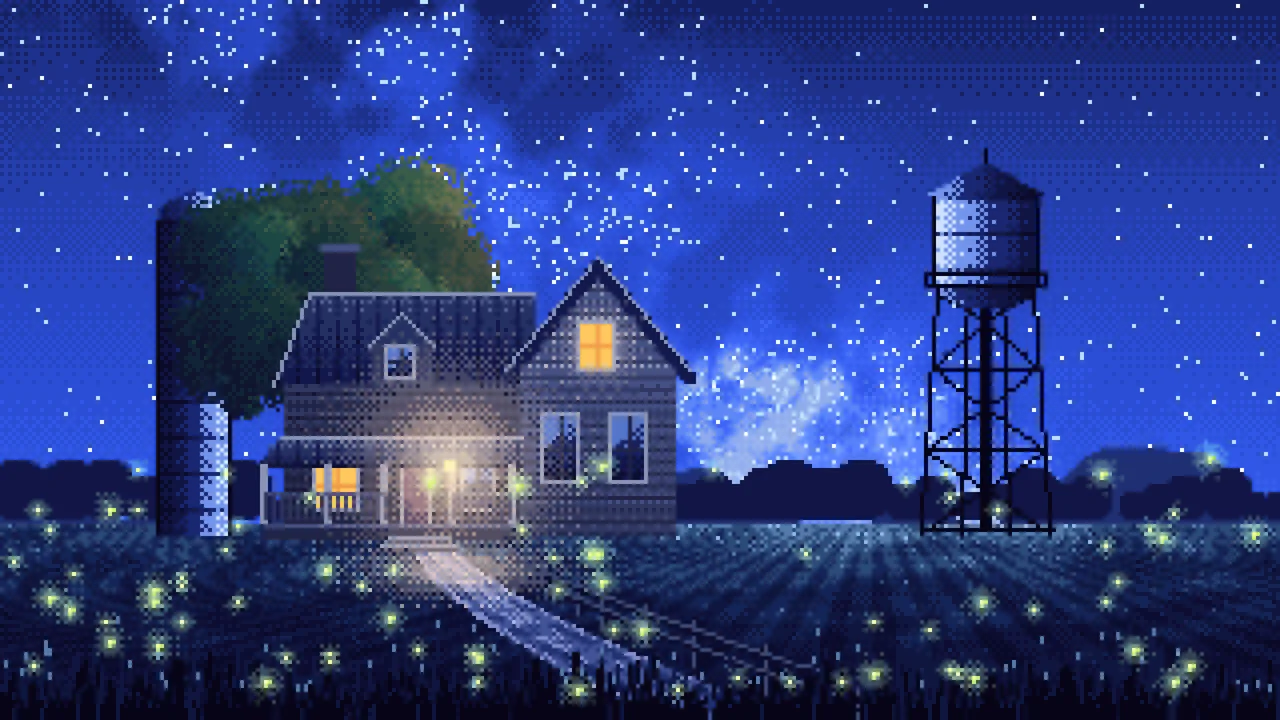 Royal Blue Pixel Art Farmhouse Under the Stars desktop wallpaper in 4K