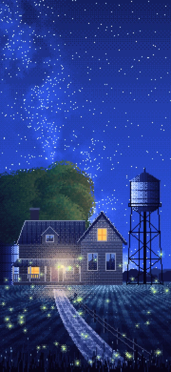 Royal Blue Pixel Art Farmhouse Under the Stars wallpaper for iPhone and Android