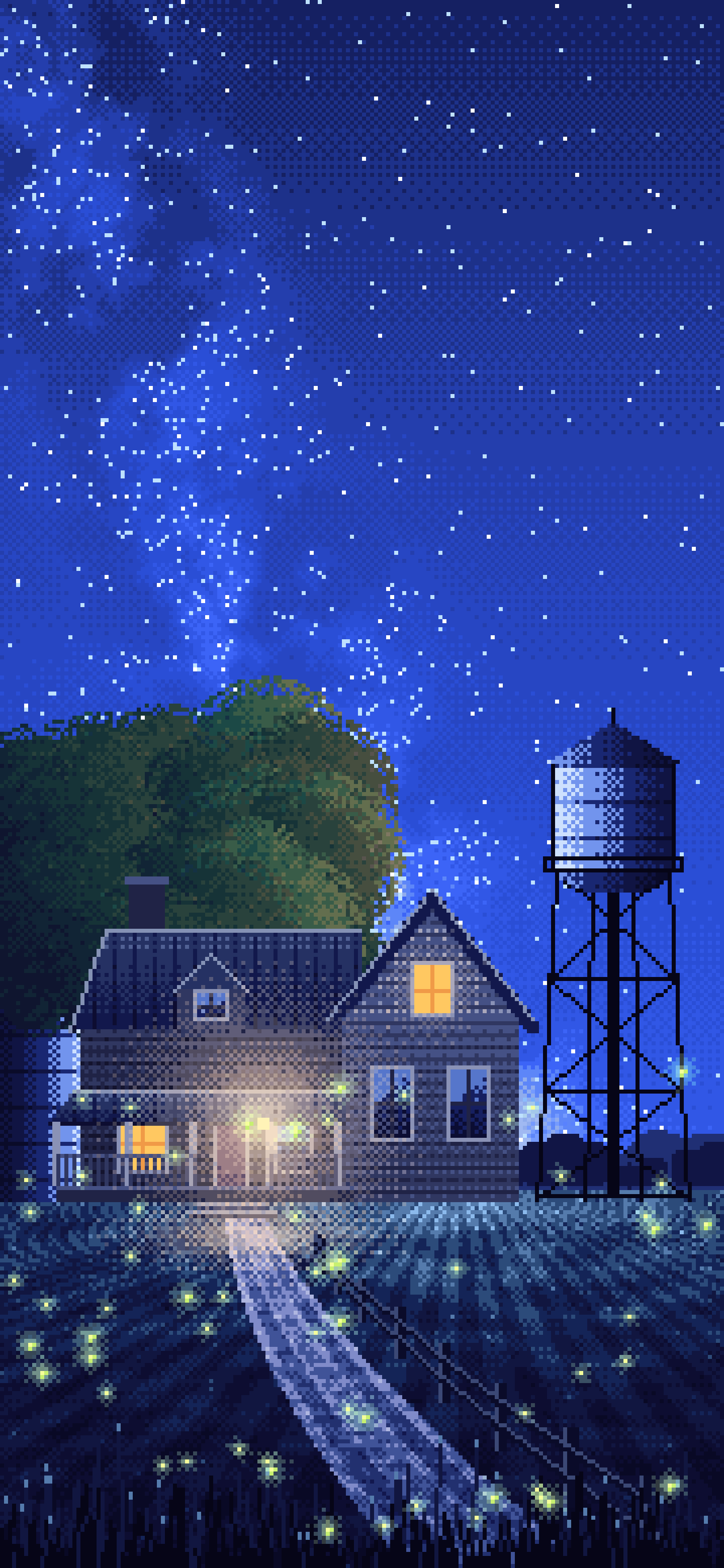 Royal Blue Pixel Art Farmhouse Under the Stars wallpaper for iPhone and Android