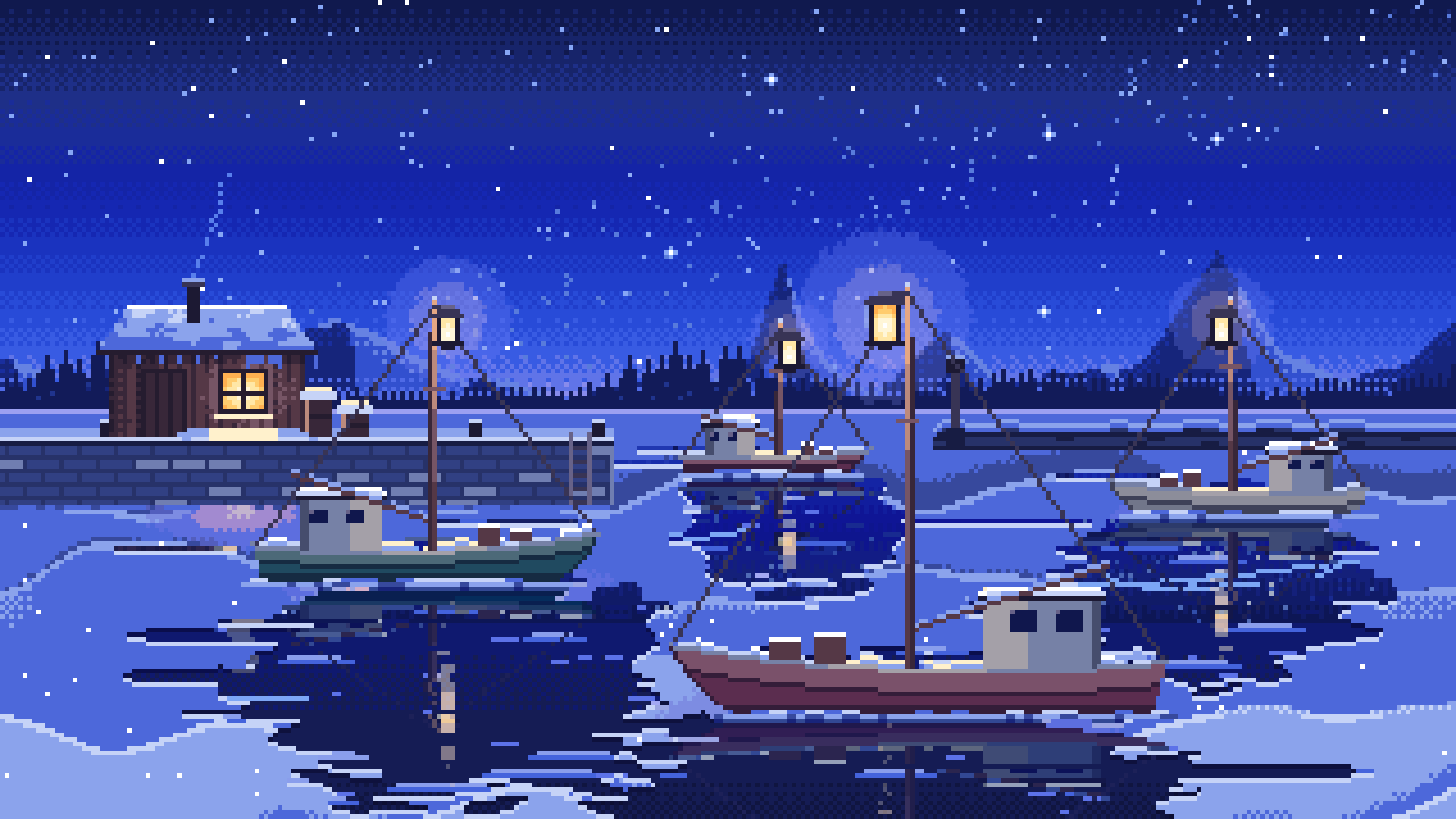 Royal Blue Pixel Art Frozen Fishing Harbor at Night desktop wallpaper in 4K