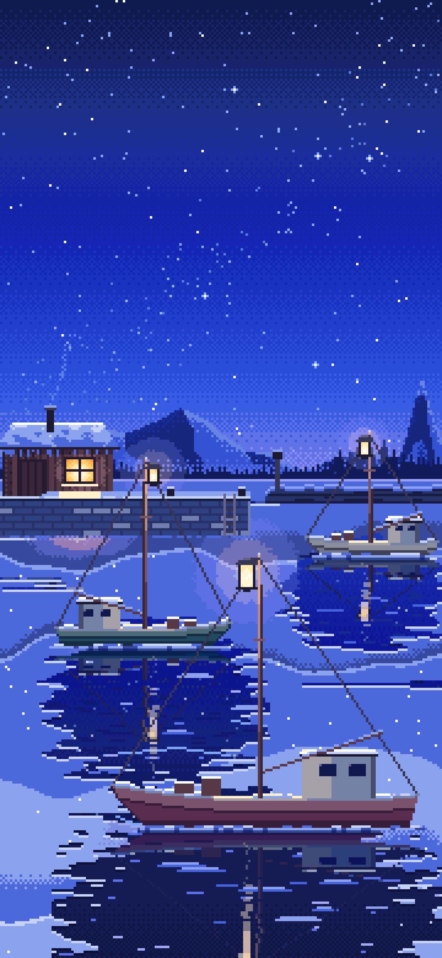 Royal Blue Pixel Art Frozen Fishing Harbor at Night wallpaper for iPhone and Android
