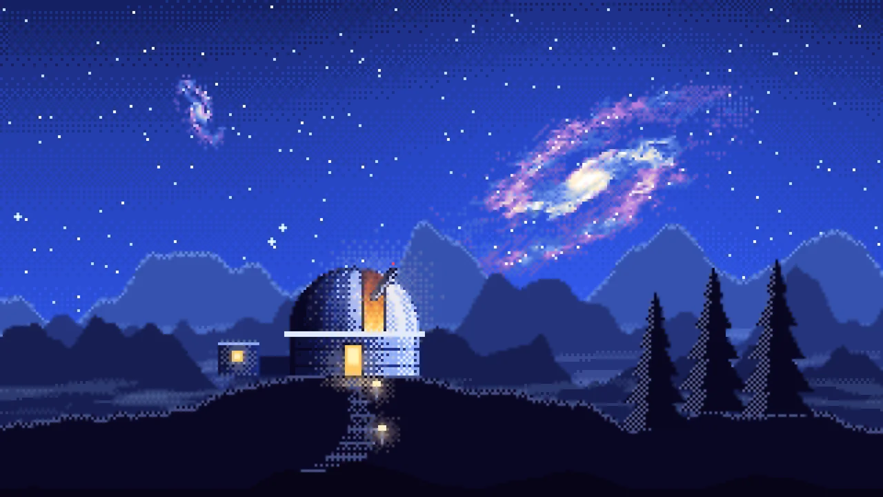 Royal Blue Pixel Art Galaxy Over an Observatory desktop wallpaper in 4K