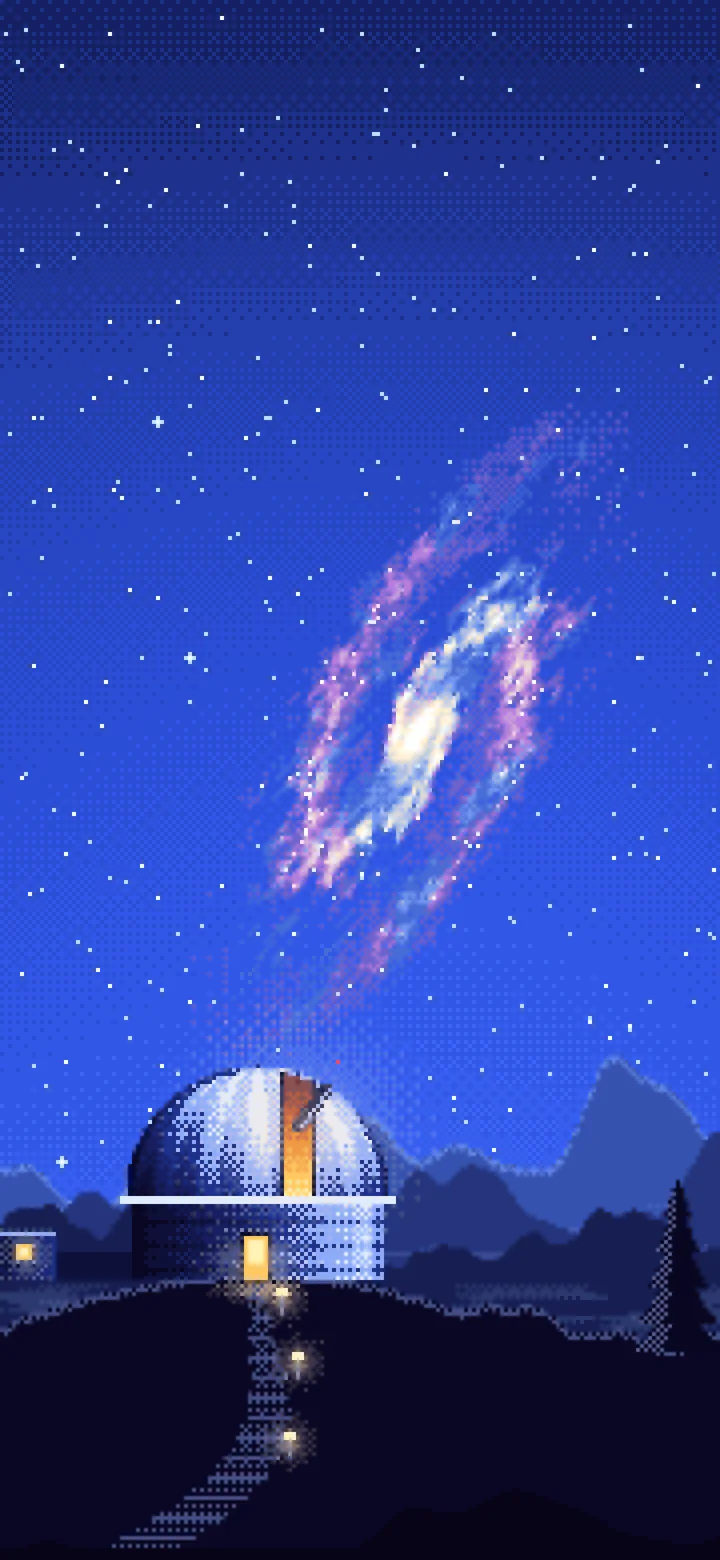 Royal Blue Pixel Art Galaxy Over an Observatory wallpaper for iPhone and Android