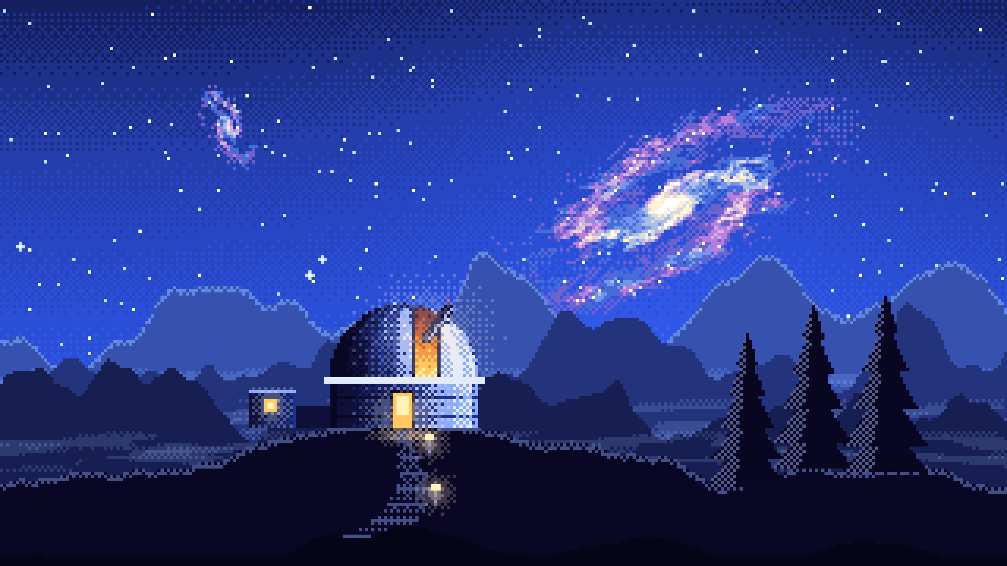 Royal Blue Pixel Art Galaxy Over an Observatory desktop wallpaper in 4K