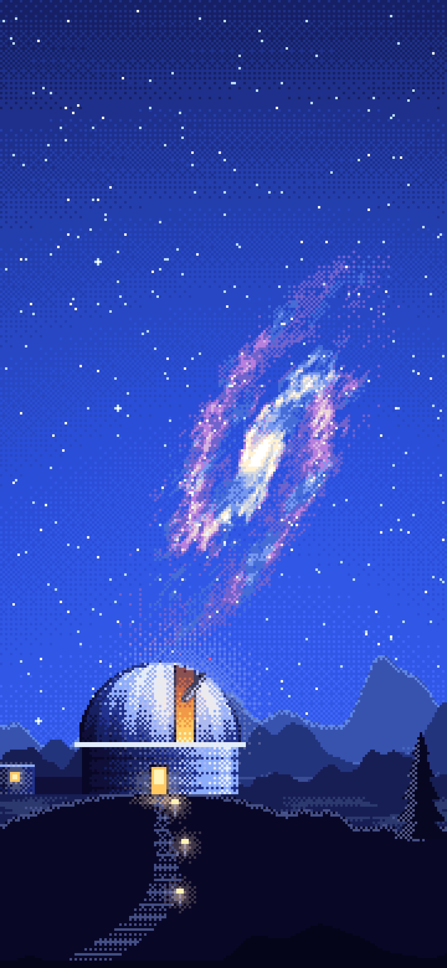 Royal Blue Pixel Art Galaxy Over an Observatory wallpaper for iPhone and Android