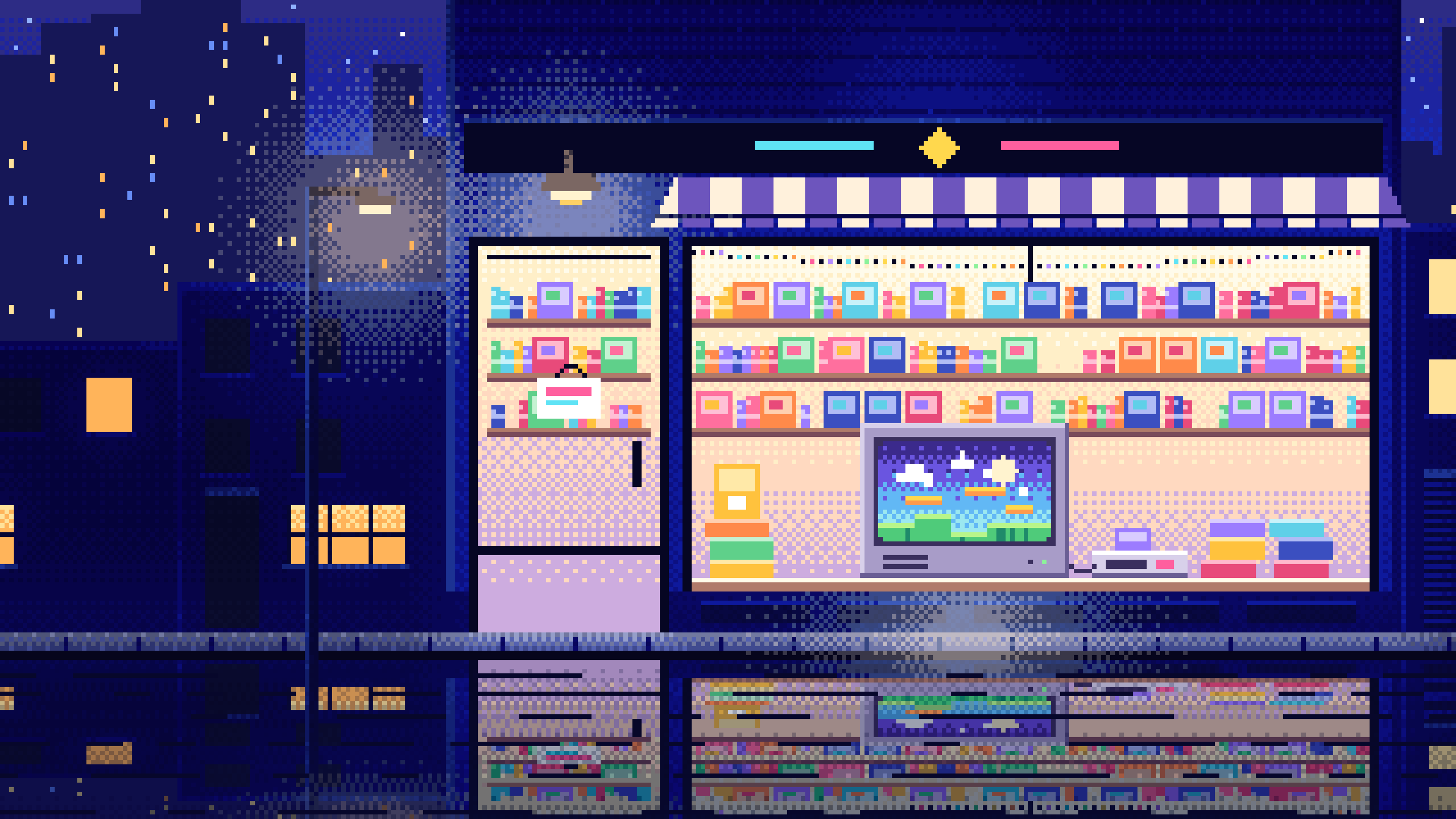 Royal Blue Pixel Art Game Shop at Night desktop wallpaper in 4K