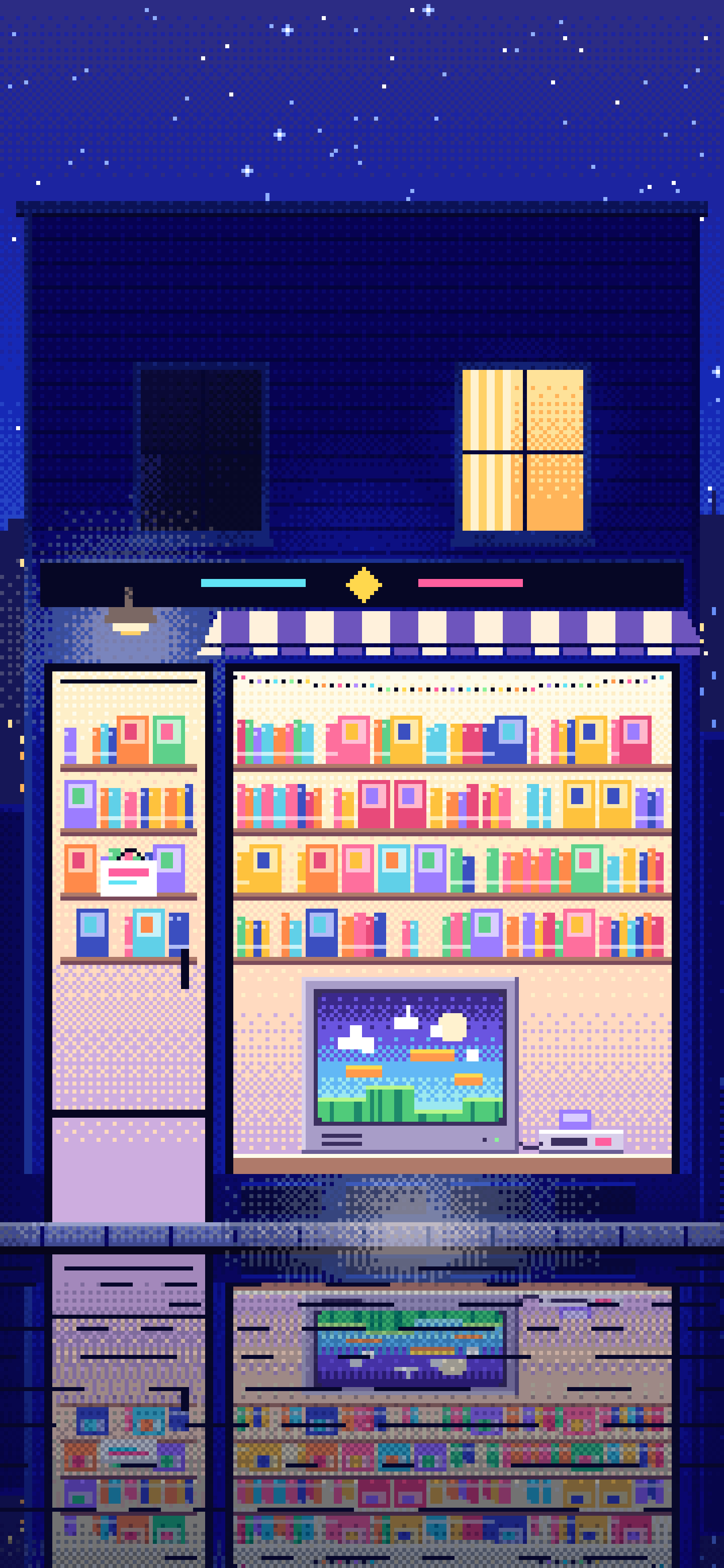 Royal Blue Pixel Art Game Shop at Night wallpaper for iPhone and Android