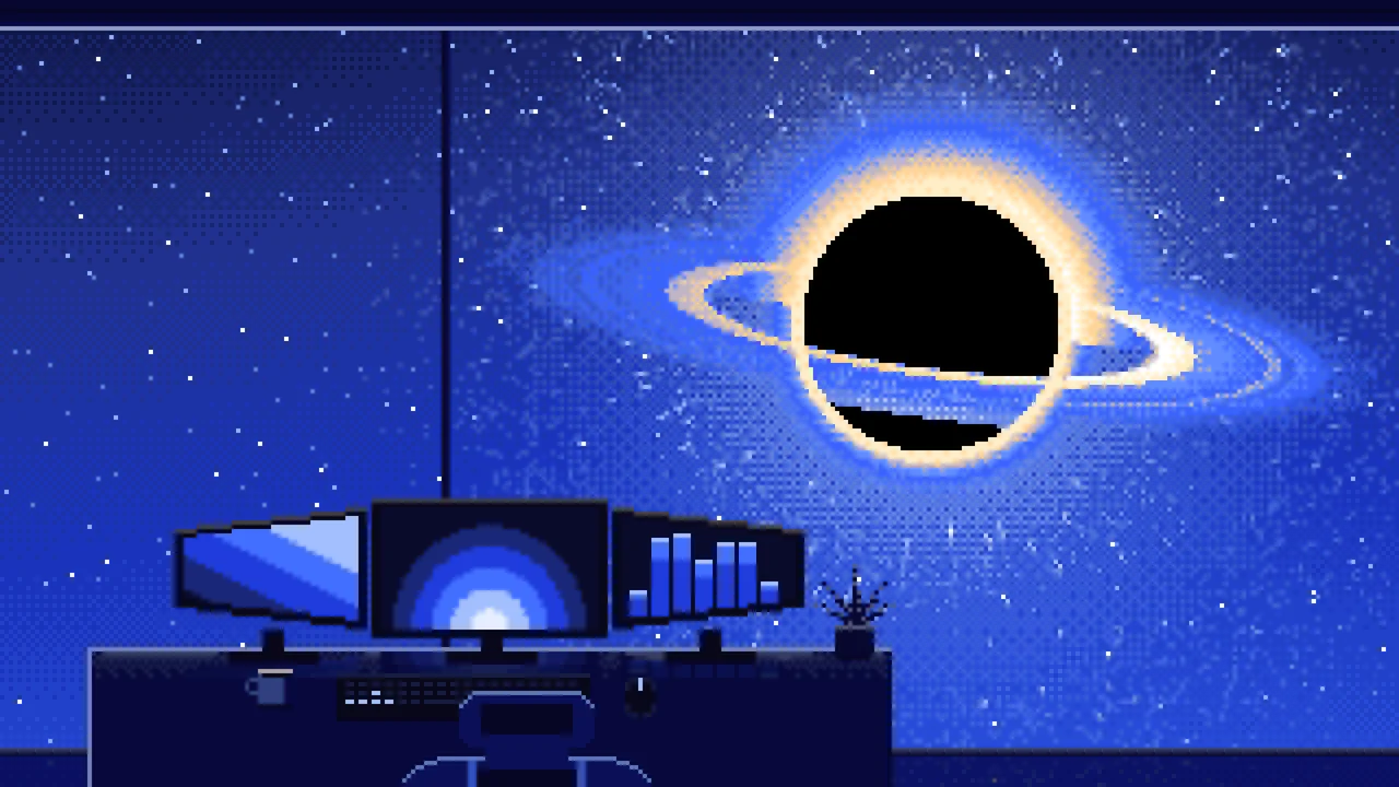 Royal Blue Pixel Art Gaming Setup Before a Black Hole desktop wallpaper in 4K