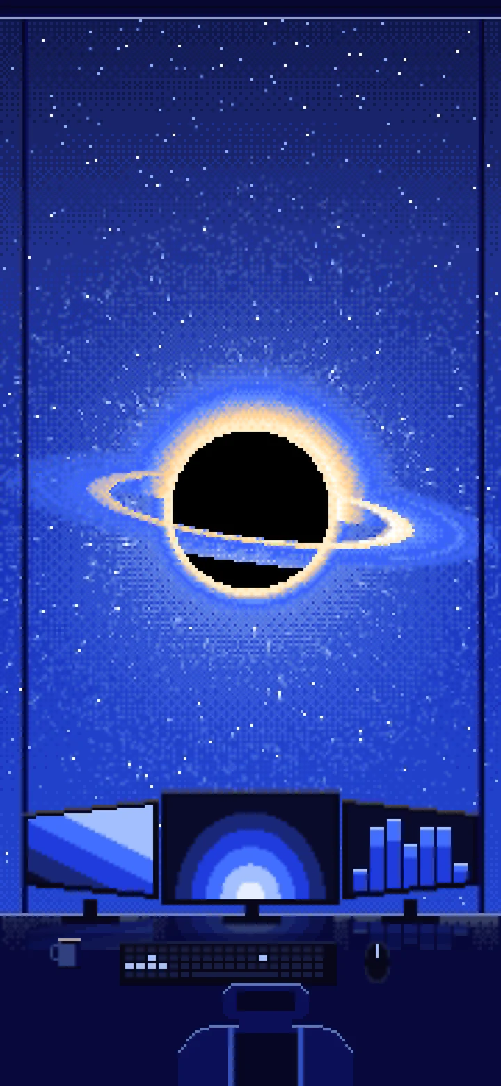 Royal Blue Pixel Art Gaming Setup Before a Black Hole wallpaper for iPhone and Android