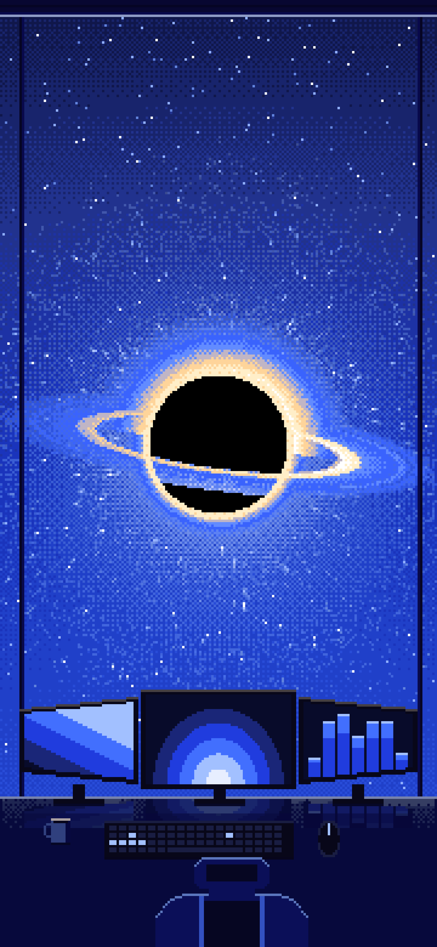 Royal Blue Pixel Art Gaming Setup Before a Black Hole wallpaper for iPhone and Android