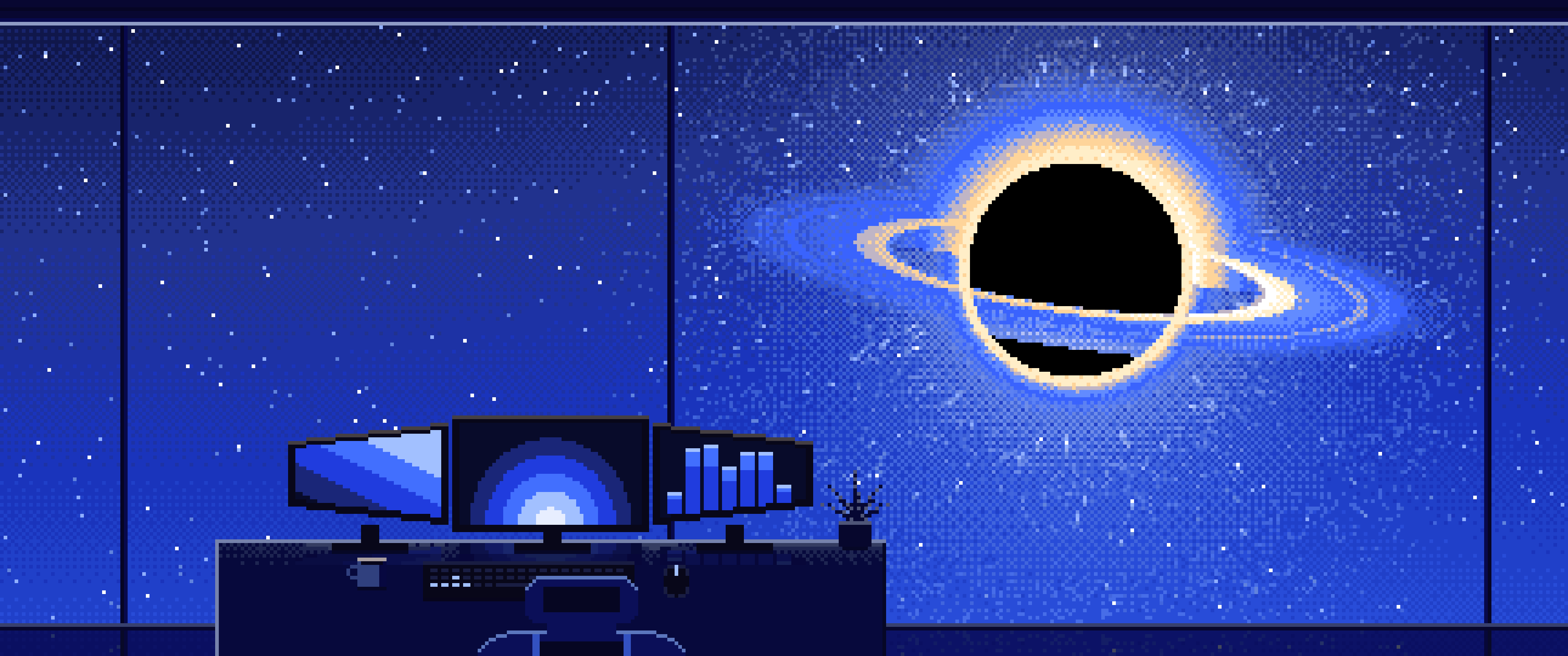 Royal Blue Pixel Art Gaming Setup Before a Black Hole ultrawide wallpaper, 3440 × 1440