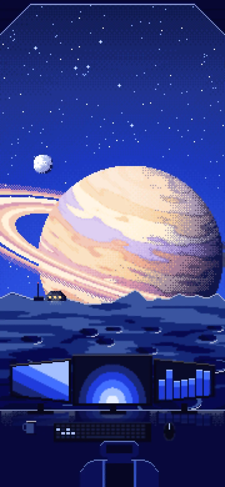 Royal Blue Pixel Art Gaming Setup Before a Ringed Planet wallpaper for iPhone and Android