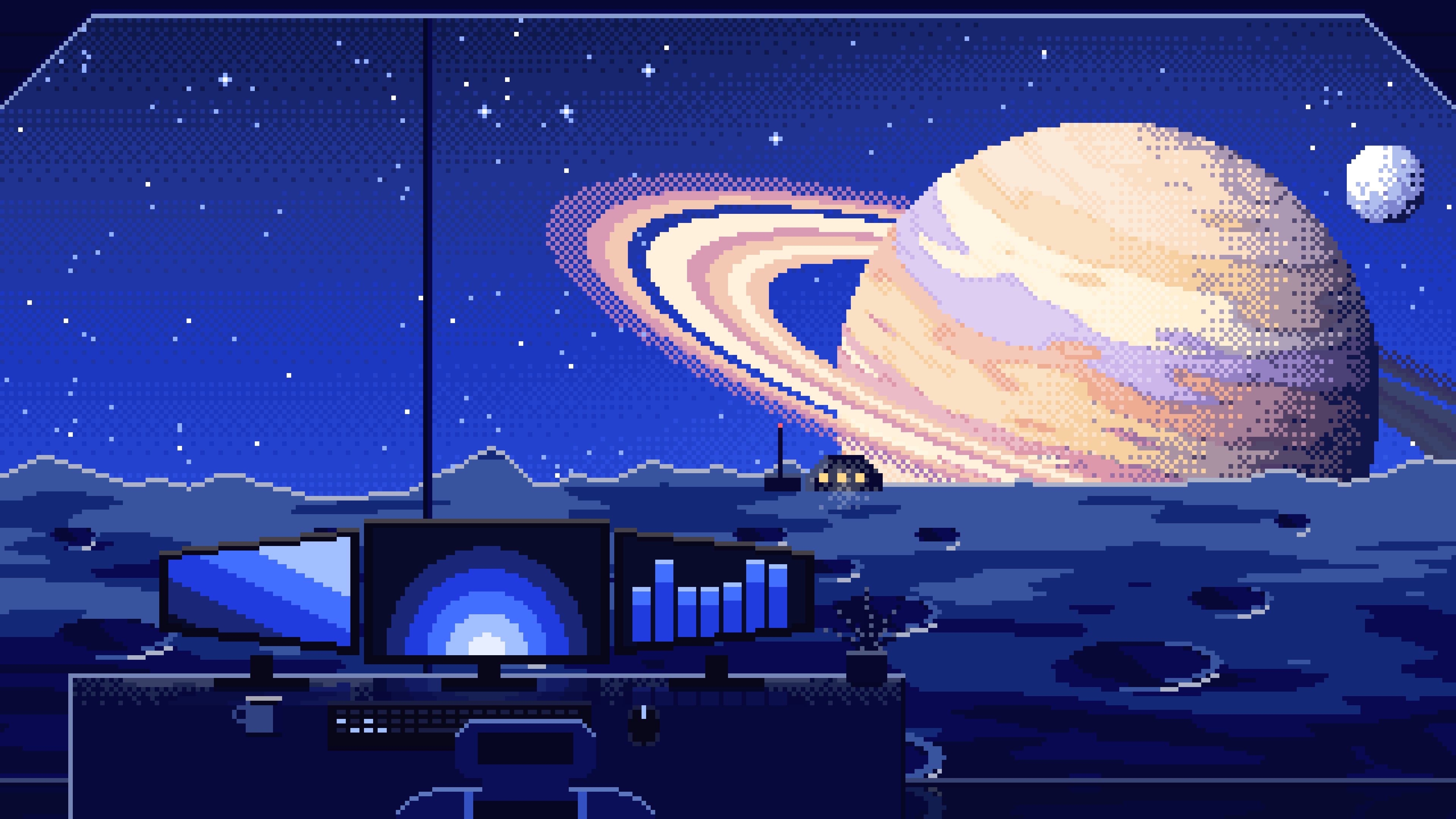 Royal Blue Pixel Art Gaming Setup Before a Ringed Planet desktop wallpaper in 4K
