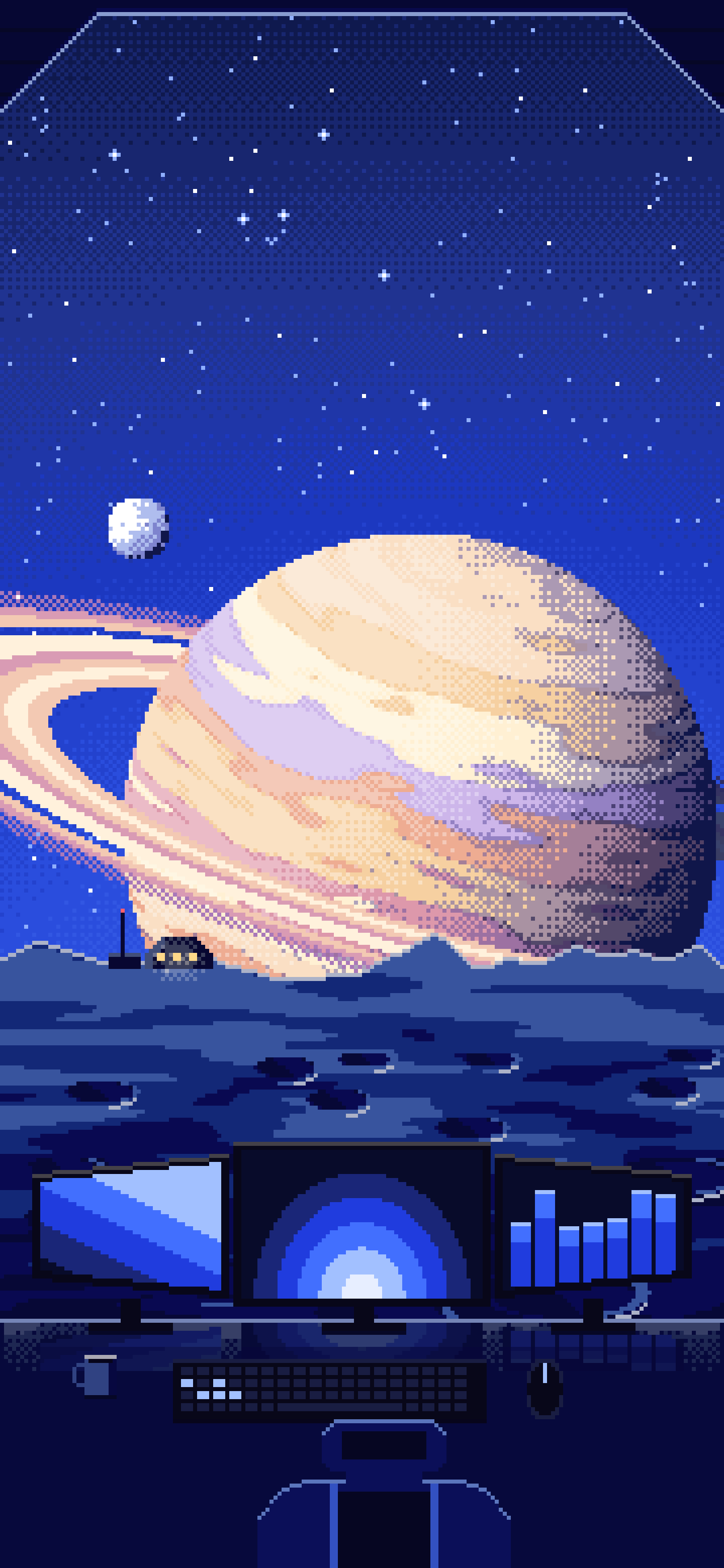Royal Blue Pixel Art Gaming Setup Before a Ringed Planet wallpaper for iPhone and Android