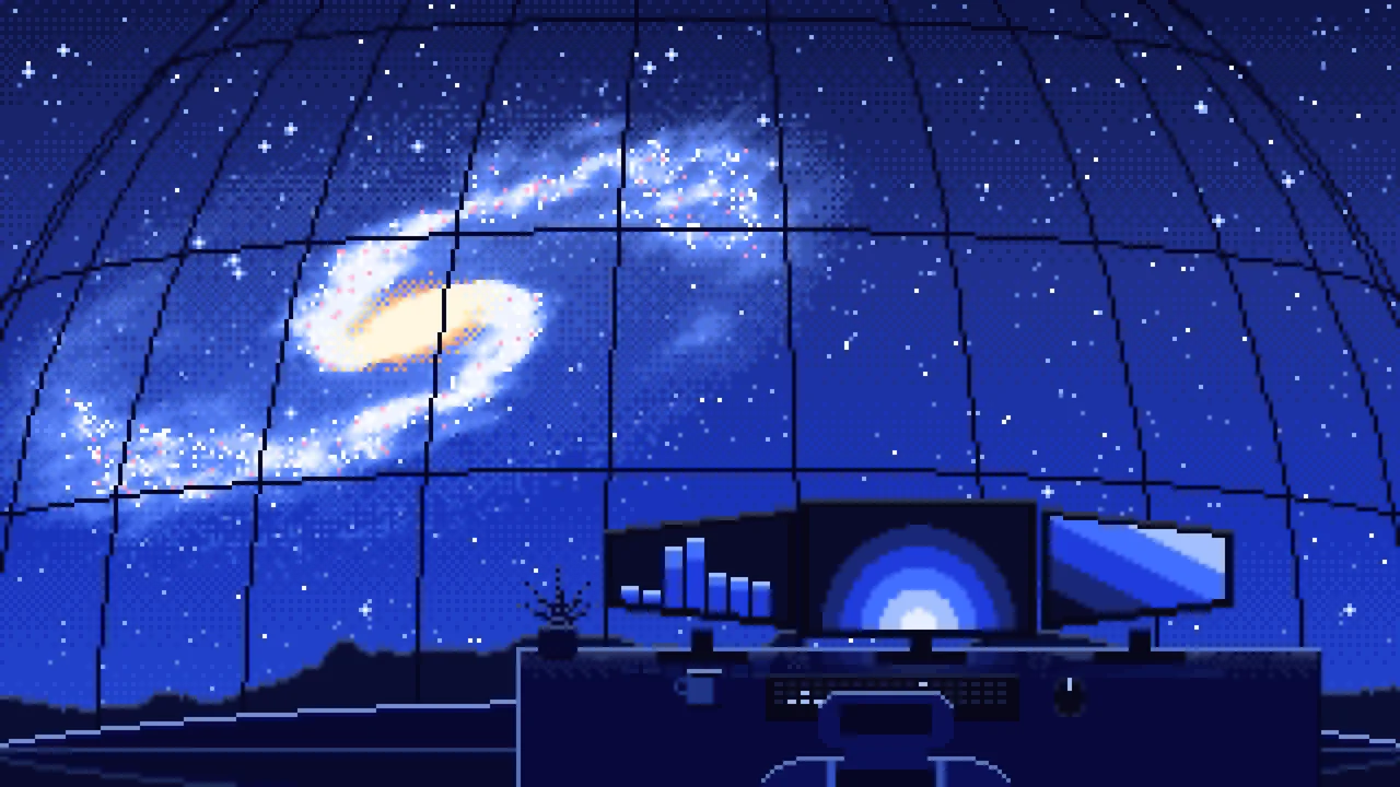 Royal Blue Pixel Art Gaming Setup Under a Spiral Galaxy desktop wallpaper in 4K