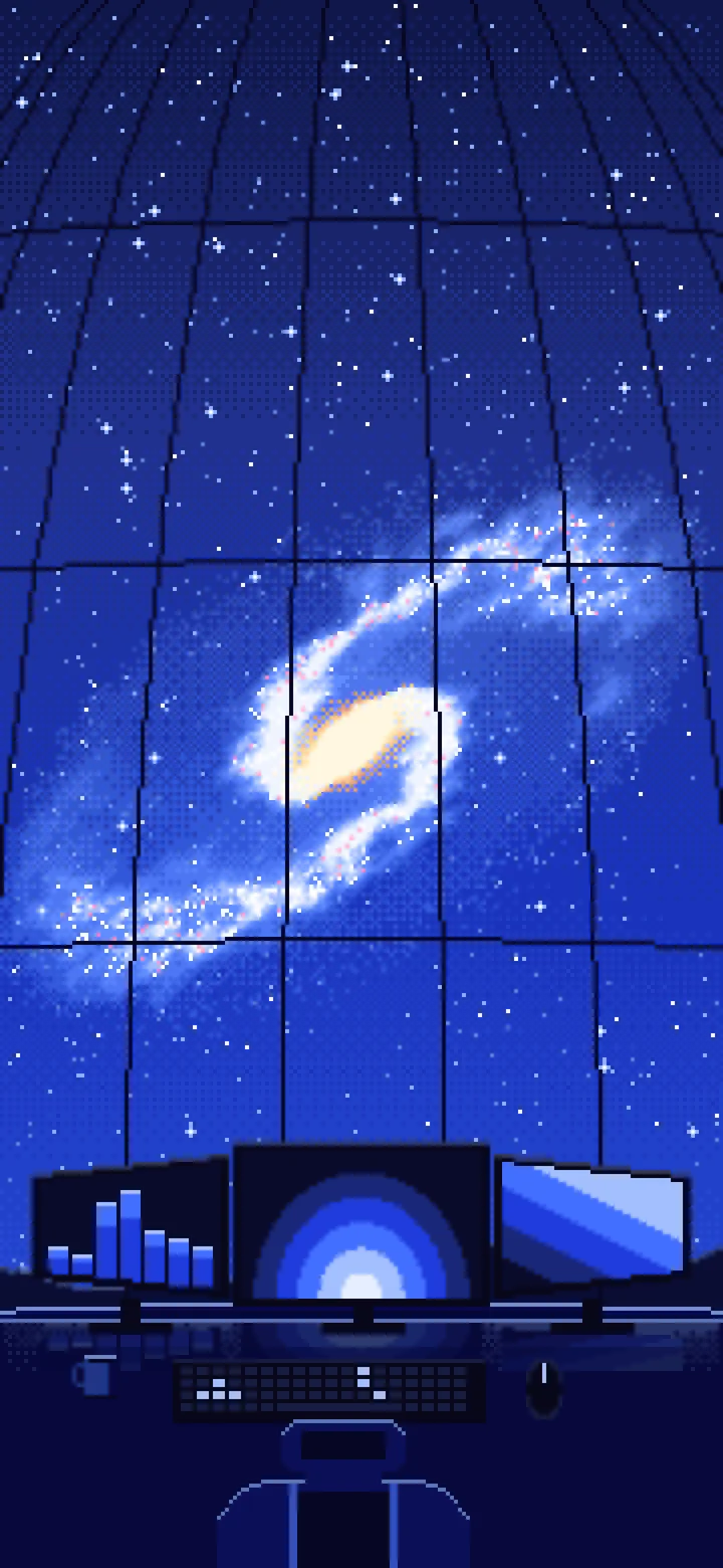 Royal Blue Pixel Art Gaming Setup Under a Spiral Galaxy wallpaper for iPhone and Android