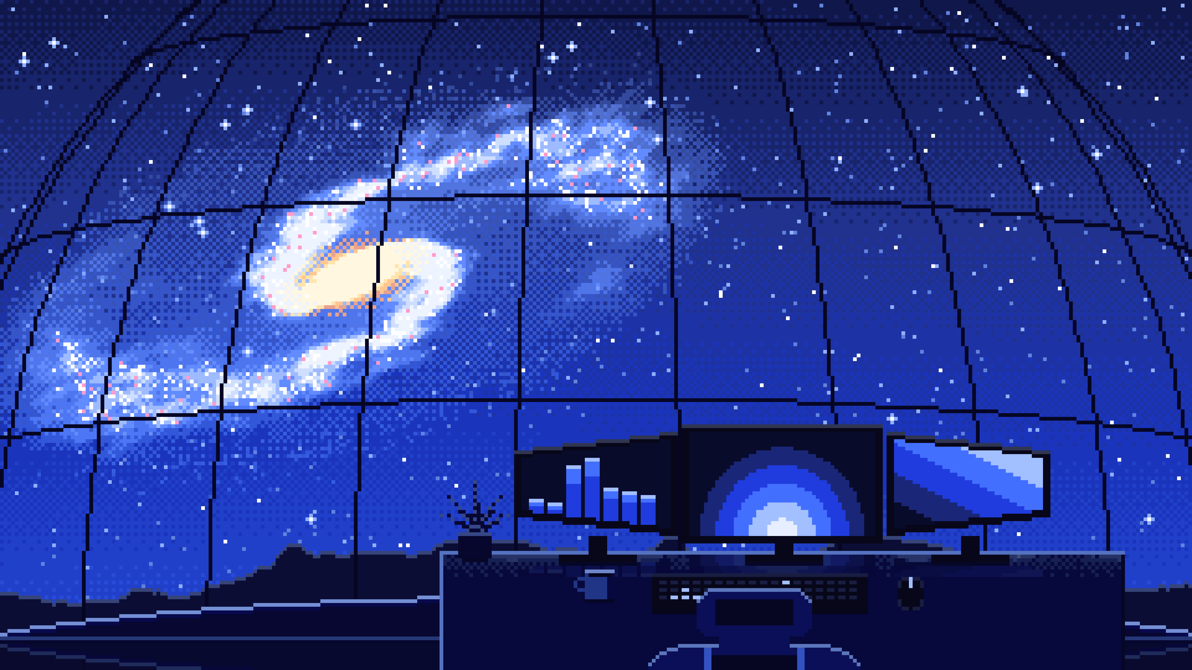 Royal Blue Pixel Art Gaming Setup Under a Spiral Galaxy desktop wallpaper in 4K