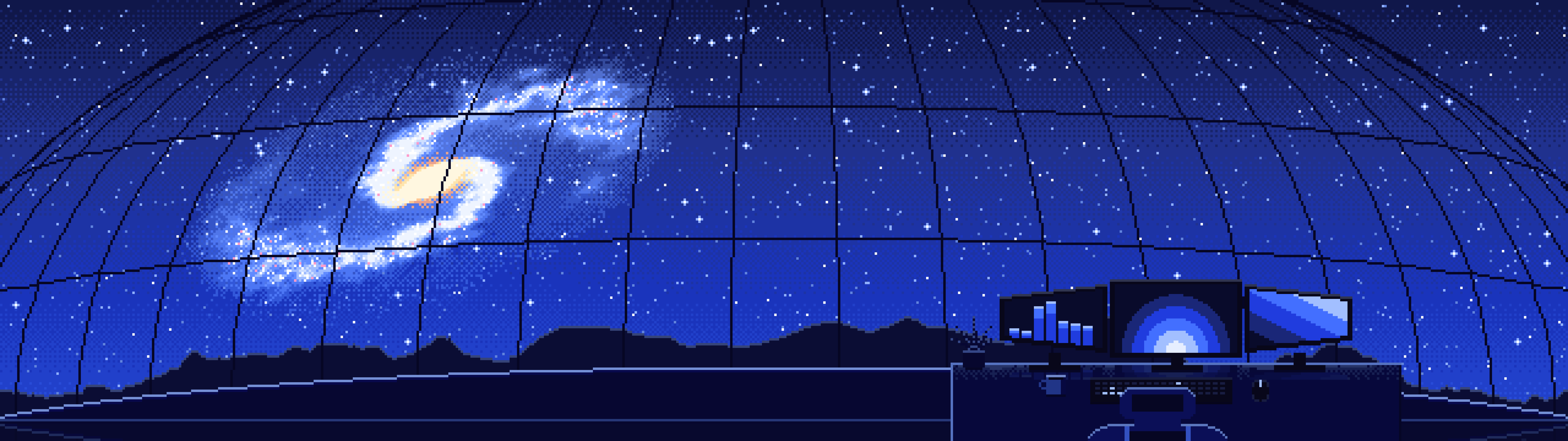 Royal Blue Pixel Art Gaming Setup Under a Spiral Galaxy dual monitor wallpaper, 7680 × 2160