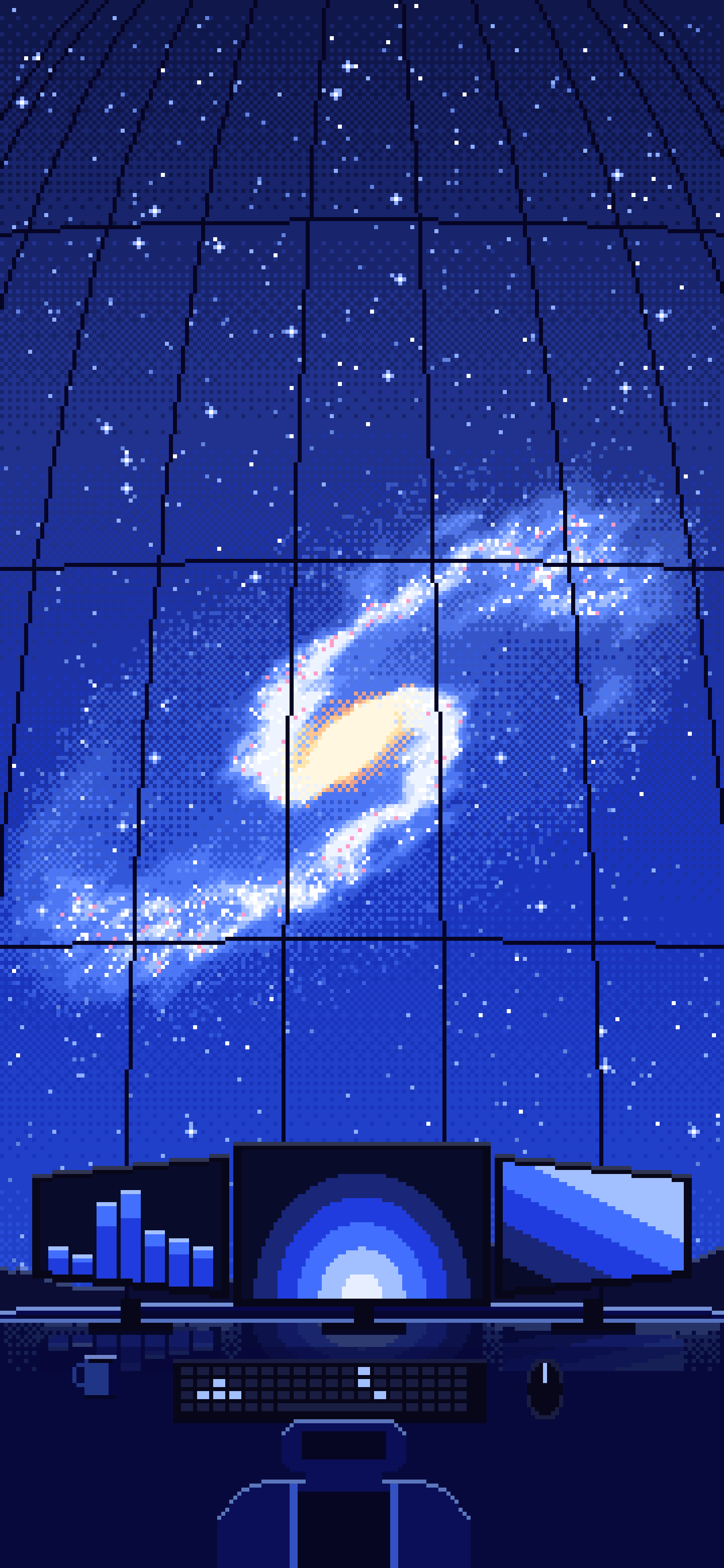 Royal Blue Pixel Art Gaming Setup Under a Spiral Galaxy wallpaper for iPhone and Android
