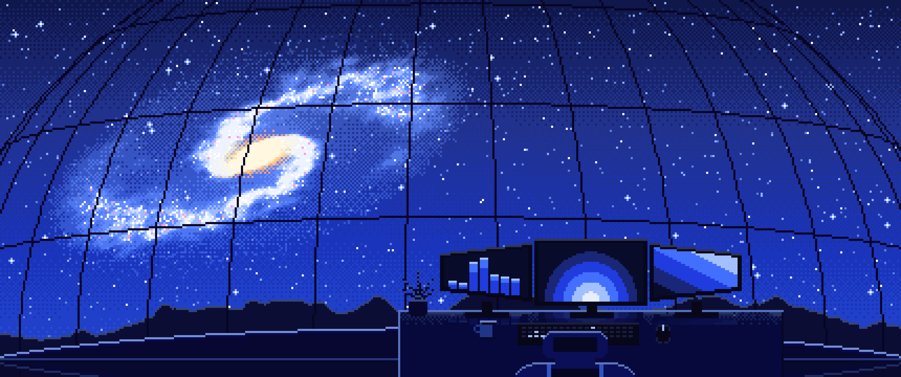 Royal Blue Pixel Art Gaming Setup Under a Spiral Galaxy ultrawide wallpaper, 3440 × 1440