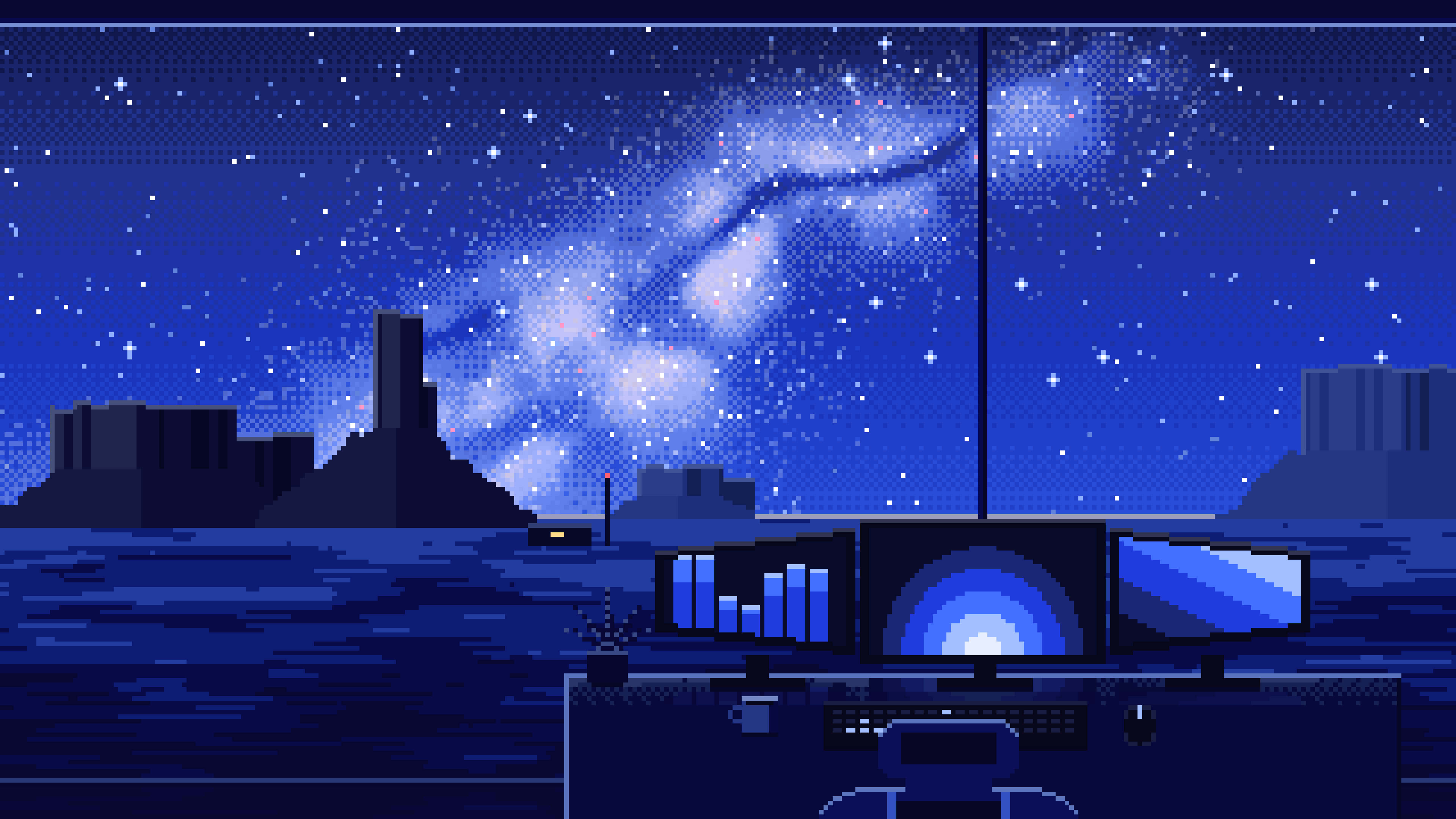 Royal Blue Pixel Art Gaming Setup Under the Milky Way desktop wallpaper in 4K