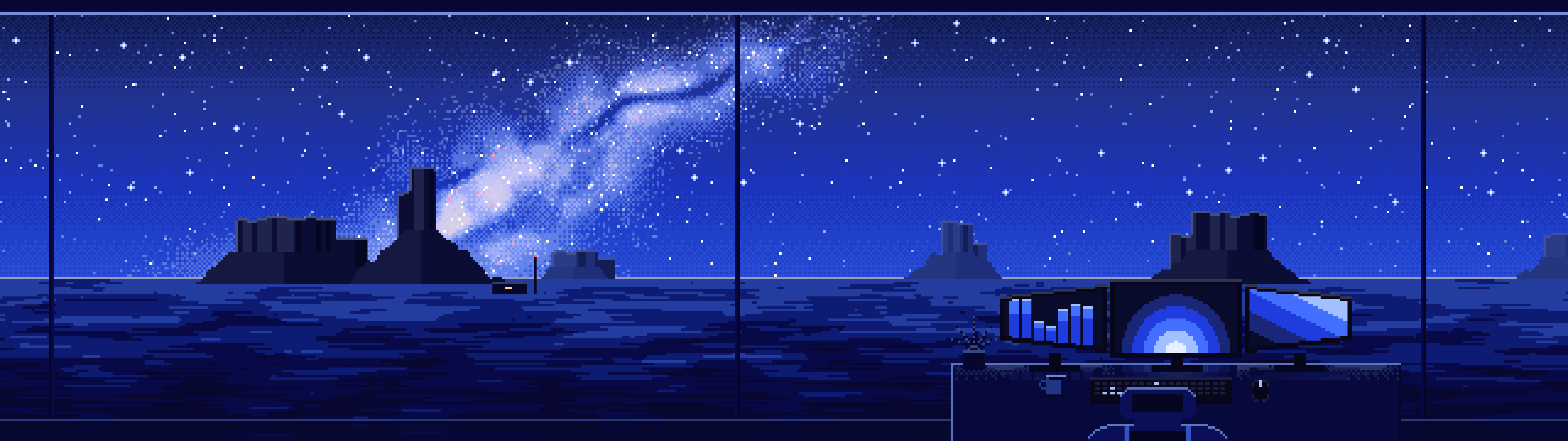 Royal Blue Pixel Art Gaming Setup Under the Milky Way dual monitor wallpaper, 7680 × 2160