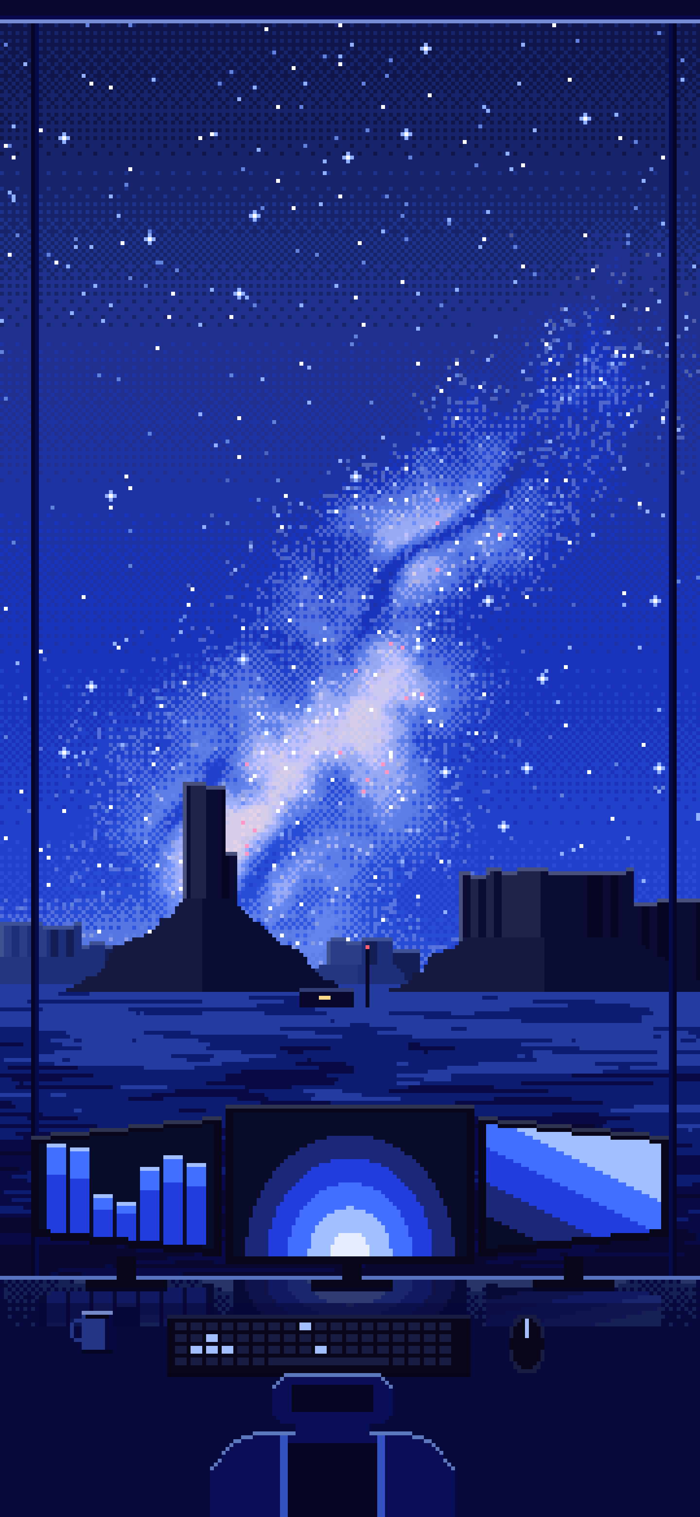 Royal Blue Pixel Art Gaming Setup Under the Milky Way wallpaper for iPhone and Android