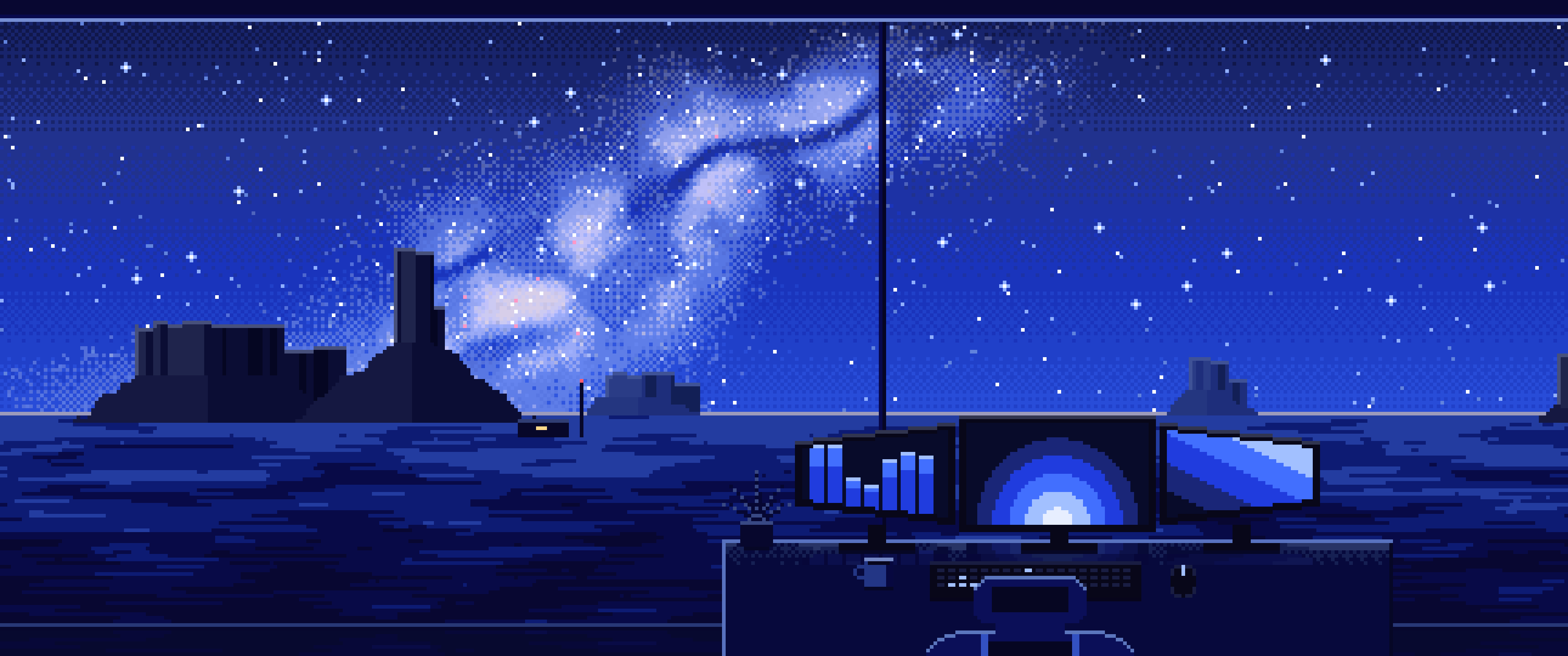 Royal Blue Pixel Art Gaming Setup Under the Milky Way ultrawide wallpaper, 3440 × 1440